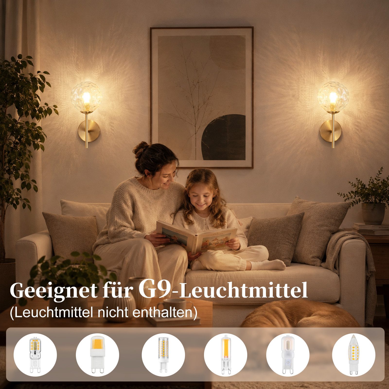 Nettlife Wandleuchte Gold Glaskugel 24cm G9 Vintage Wandbeleuchtung aus Metall, ohne Leuchtmittel, für Wohnzimmer Flur Schlafzimmer Dekorative Wandlampe