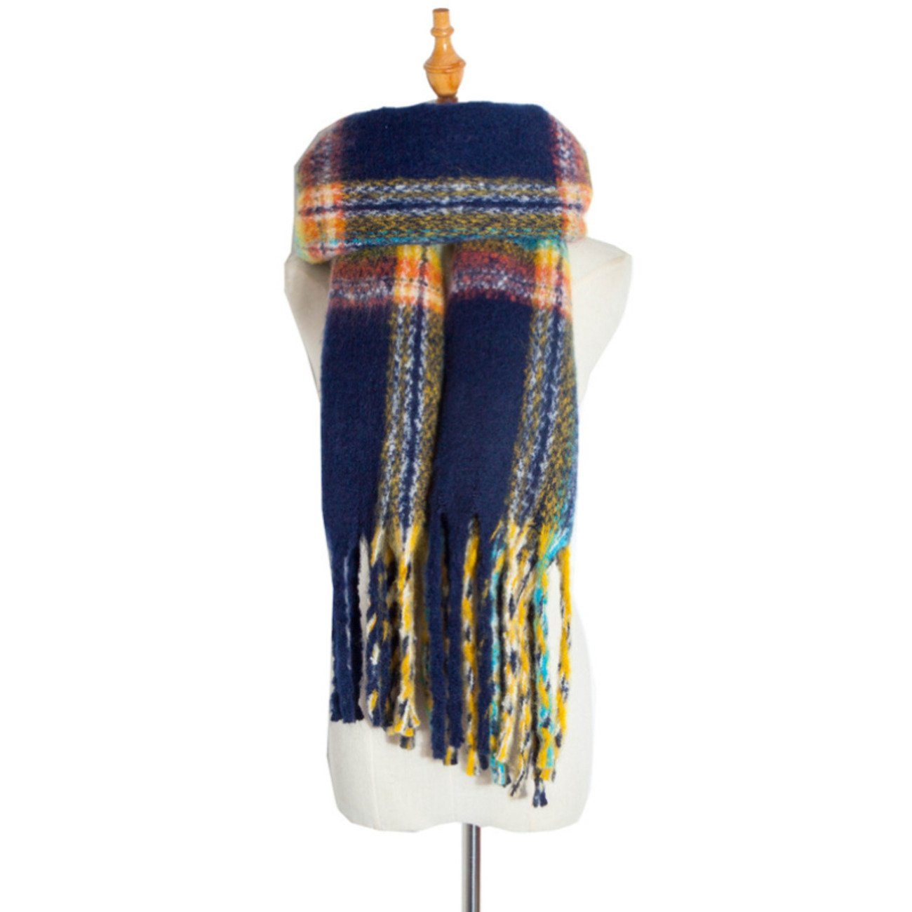 Union Reisen Modeschal Warmer dicker Damenschal mit feinem Karomuster und Fransen, (1-St) blau