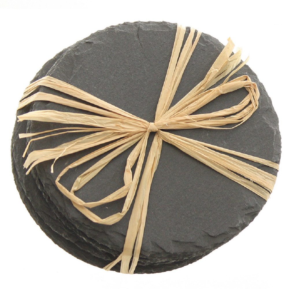 Dragimex Getränkeuntersetzer SCHIEFER-UNTERSETZER. RUND ca 10cm. 4 Stück. Kanten GEBROCHEN.