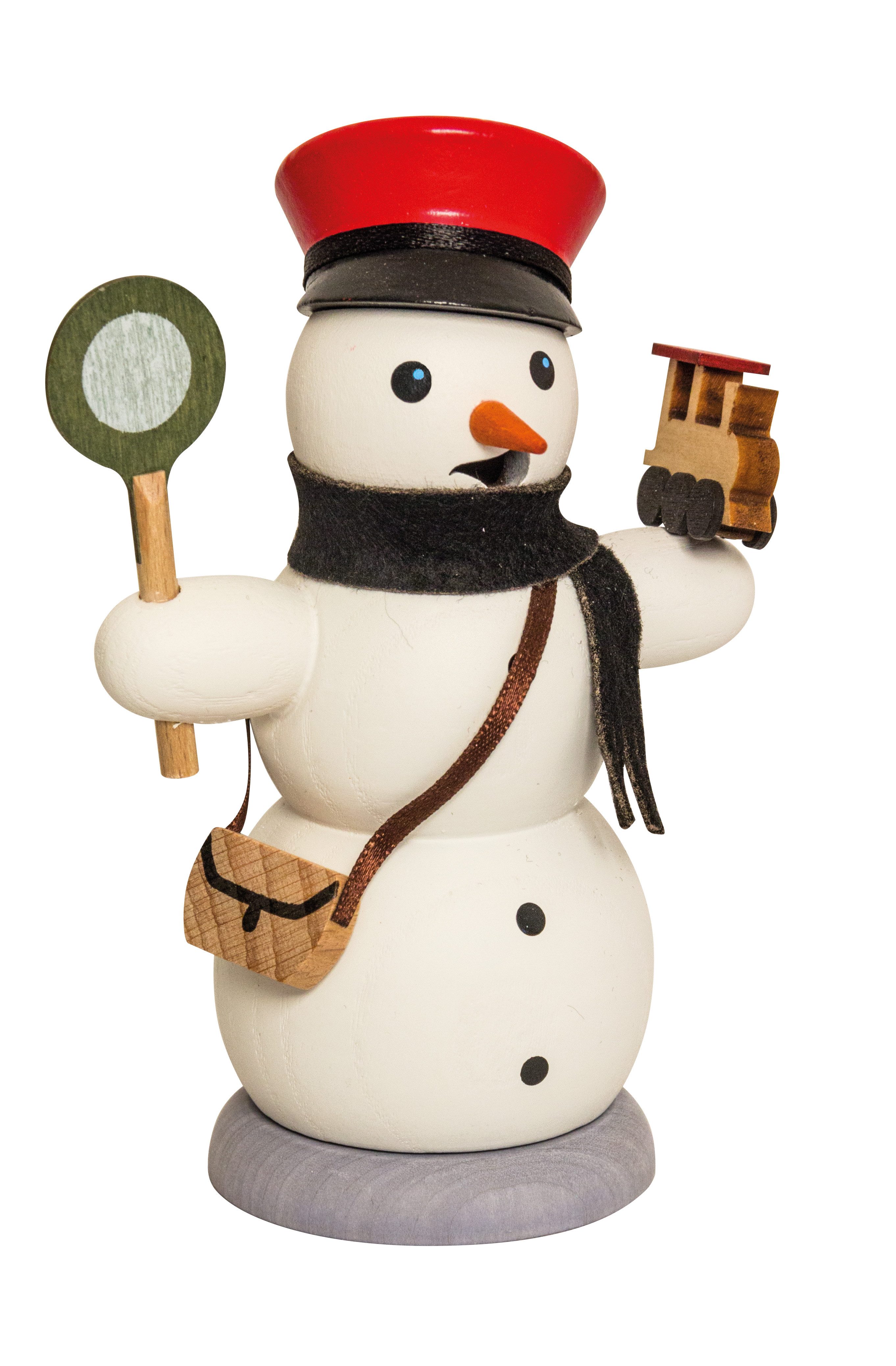 Kuhnert Räuchermännchen Schneemann als Eisenbahner - ca. 13cm . aus Holz gefertigt, für Räucherkerzen der Größe M (Standard) - Made in Germany