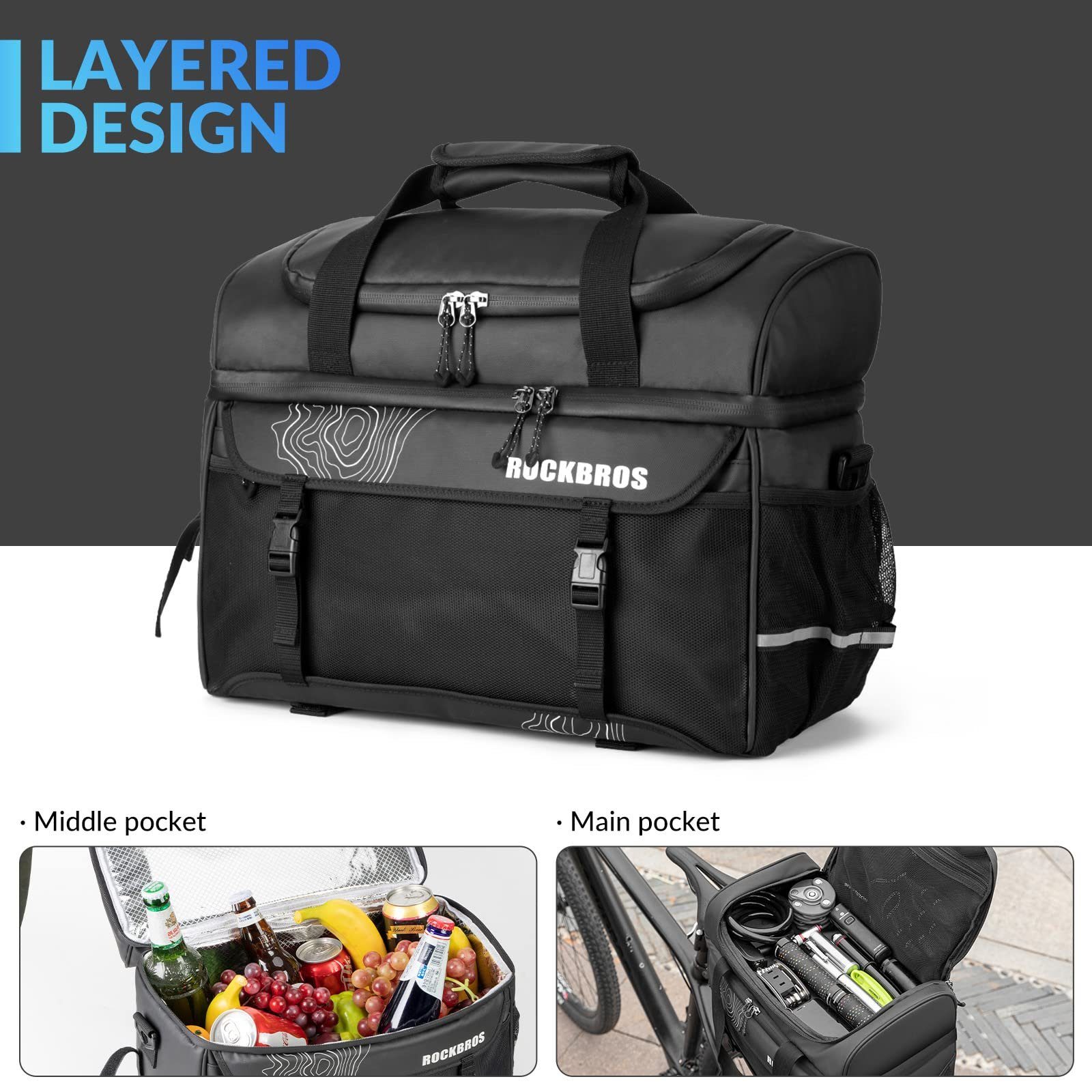 (Doppel-Fächern ROCKBROS Schwarz) Transporttasche Lunch Gepäckträgertasche 11L Schultergurt Isolierte Tasche mit Kühltasche