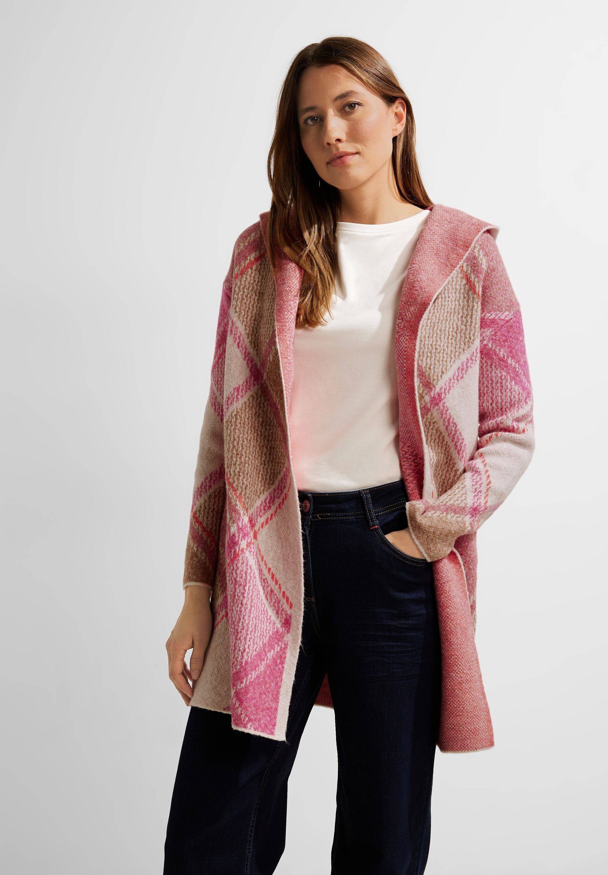Cardigan Cecil Open Kapuzenstrickjacke cosy Cosy Jacquard-Muster Long coral Jacquard mit Form In