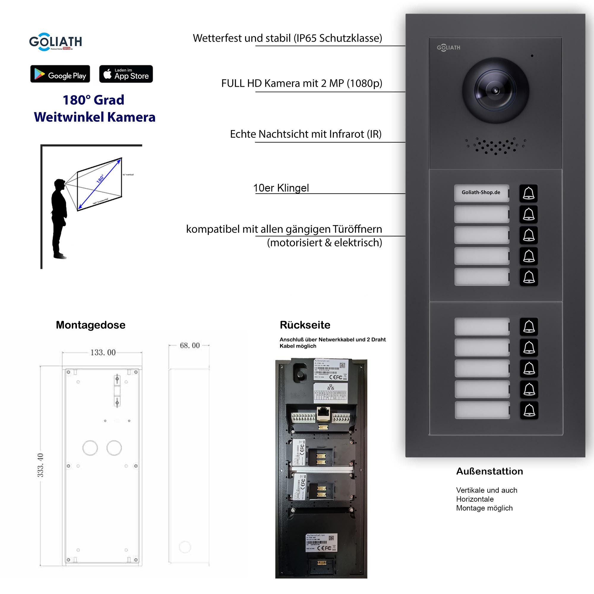 Goliath Intercom Video-Türsprechanlage Goliath IP Video Türsprechanlage: 7-Zoll, 10 Familienhaus, Smartphone- (Privat oder Gewerblich)