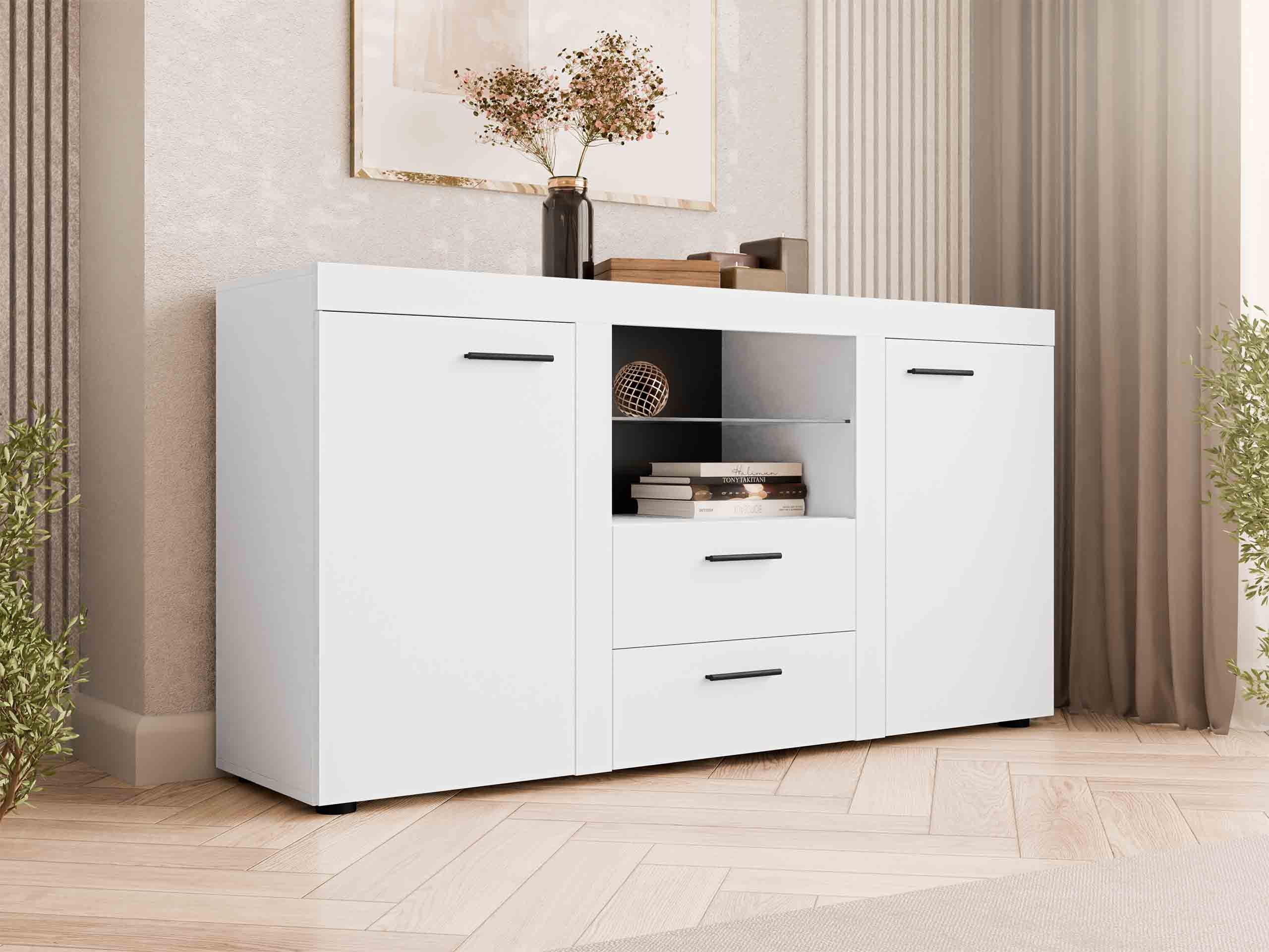 MIRJAN24 Kommode Rumba (mit 2 Türen und 2 Schubladen), Glasregal, LED-Beleuchtung als Option