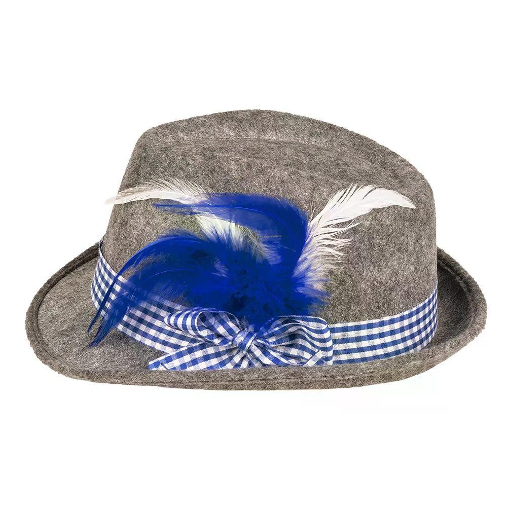 Boland Trachten-Kostüm Hut Wiesn blau Oktoberfest Filzhut mit Feder und Karo Band für Herren, Perfekt für Oktoberfest und Trachtenfeste