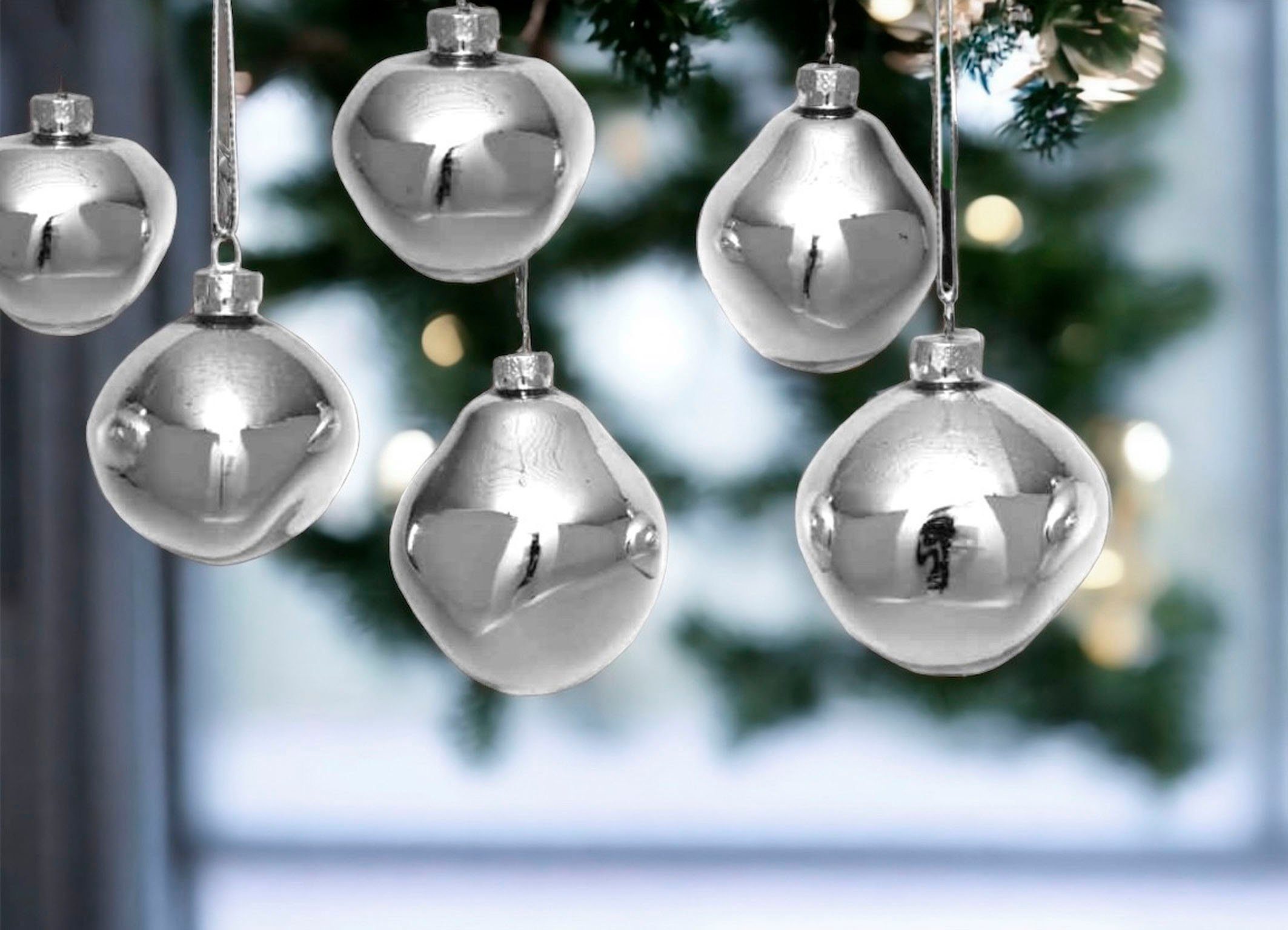 glänzend, aus Birdelle Leonique Glas Weihnachtsbaumkugel in Ø (12 Kugeln organische Baumkugeln cm, 6 ca. organischer silberfarben Christbaumschmuck, St), Christbaumkugeln Weihnachtsdeko, Form,