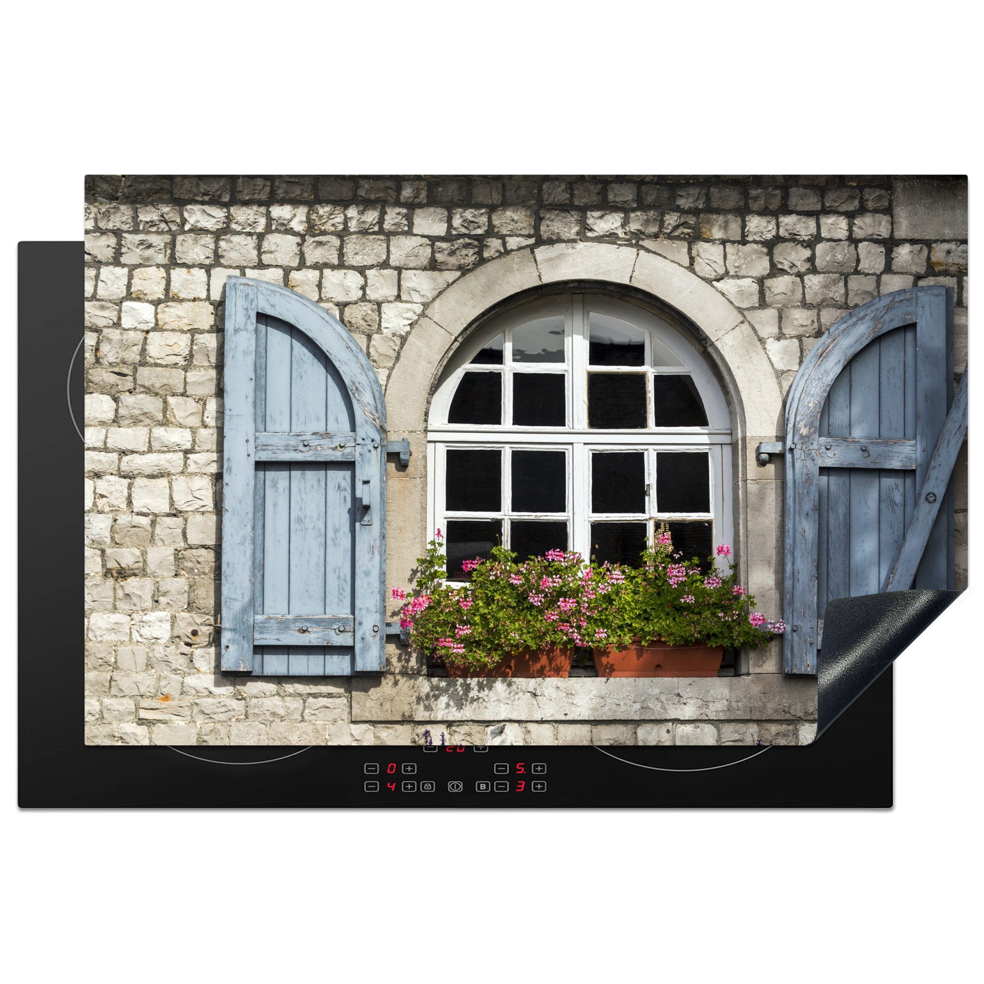 MuchoWow Herdblende-/Abdeckplatte Fenster - Steine - Blumen, Vinyl, (1 tlg), 81x52 cm, Induktionskochfeld Schutz für die küche, Ceranfeldabdeckung