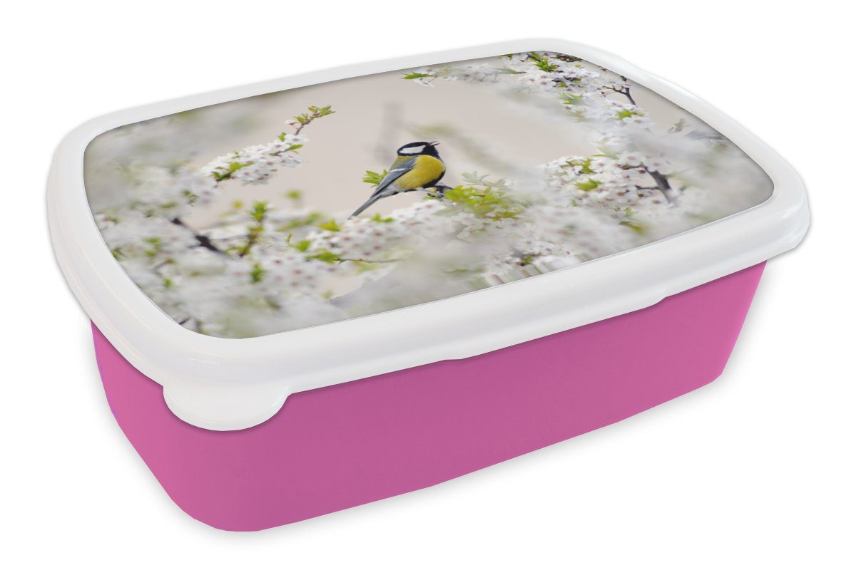 MuchoWow Lunchbox Vogel - Kohlmeise - Blumen - Blütenbaum, Kunststoff, (2-tlg), Brotbox für Erwachsene, Brotdose Kinder, Snackbox, Mädchen, Kunststoff rosa