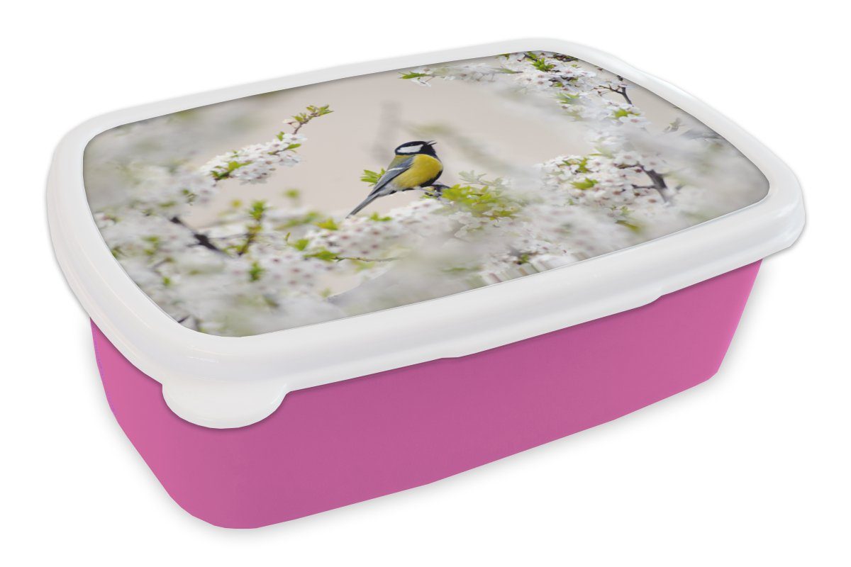 Snackbox, Lunchbox Kunststoff Brotdose (2-tlg), Vogel Blumen Mädchen, - Erwachsene, Kinder, Brotbox für Kunststoff, - rosa - Kohlmeise MuchoWow Blütenbaum,