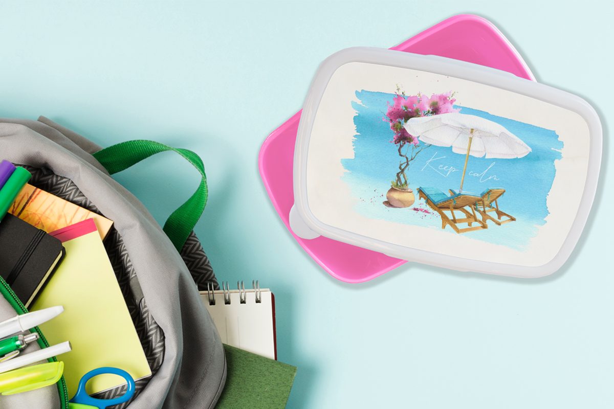 rosa Kunststoff - (2-tlg), Mädchen, für Blumen Aquarell, Erwachsene, Brotbox Lunchbox Kinder, Snackbox, - - MuchoWow Strandkorb Brotdose Kunststoff, Sonnenschirm