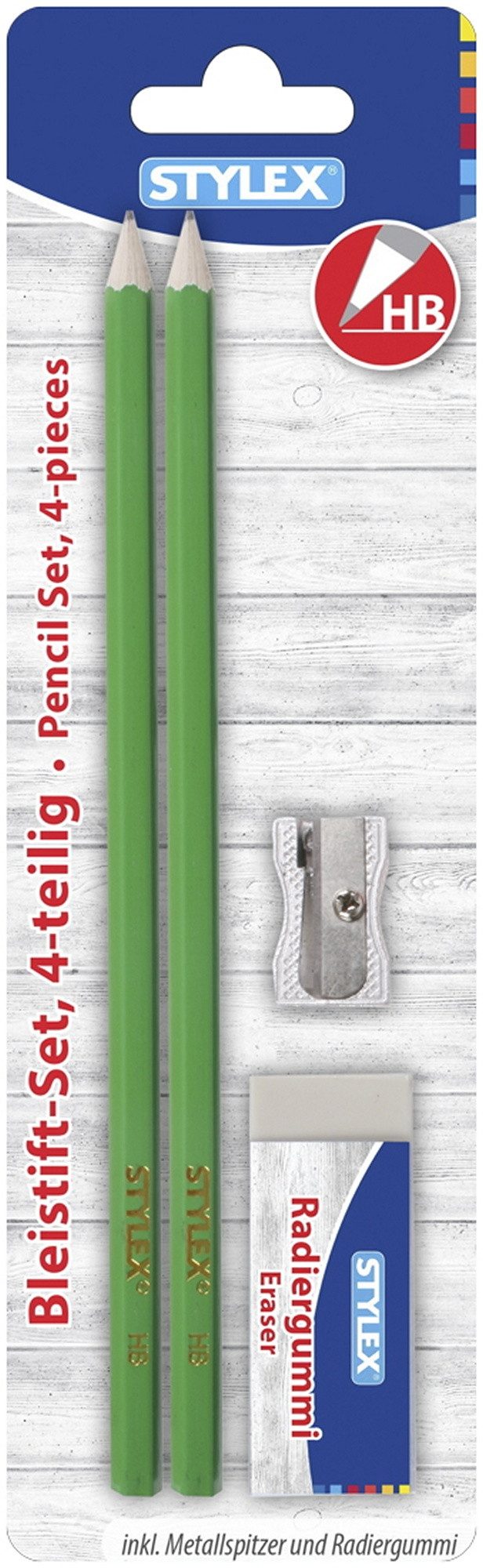 Stylex Schreibwaren Anspitzer Bleistiftset / 2 Bleistifte HB, 1 Metall-Anspitzer + Radierer / Farbe: