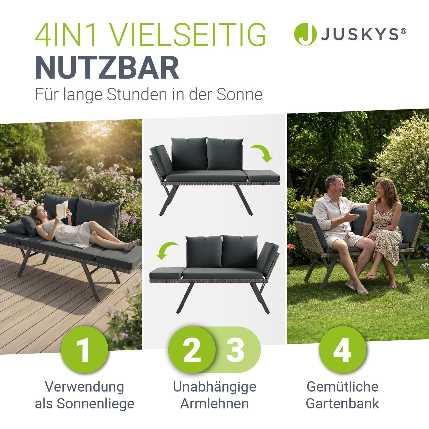 Juskys Multifunktionsliege Calvia, Multifunktional mit klappbaren Teilen inkl. Polster, Belastbar 240 kg