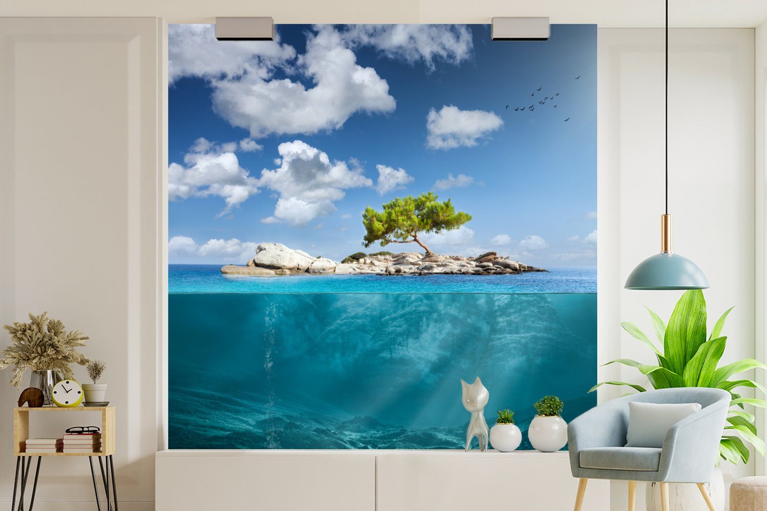 Küche, Schlafzimmer MuchoWow Fototapete - für Fototapete Wohnzimmer bedruckt, (4 Matt, St), - Vliestapete Meer Insel, Baum