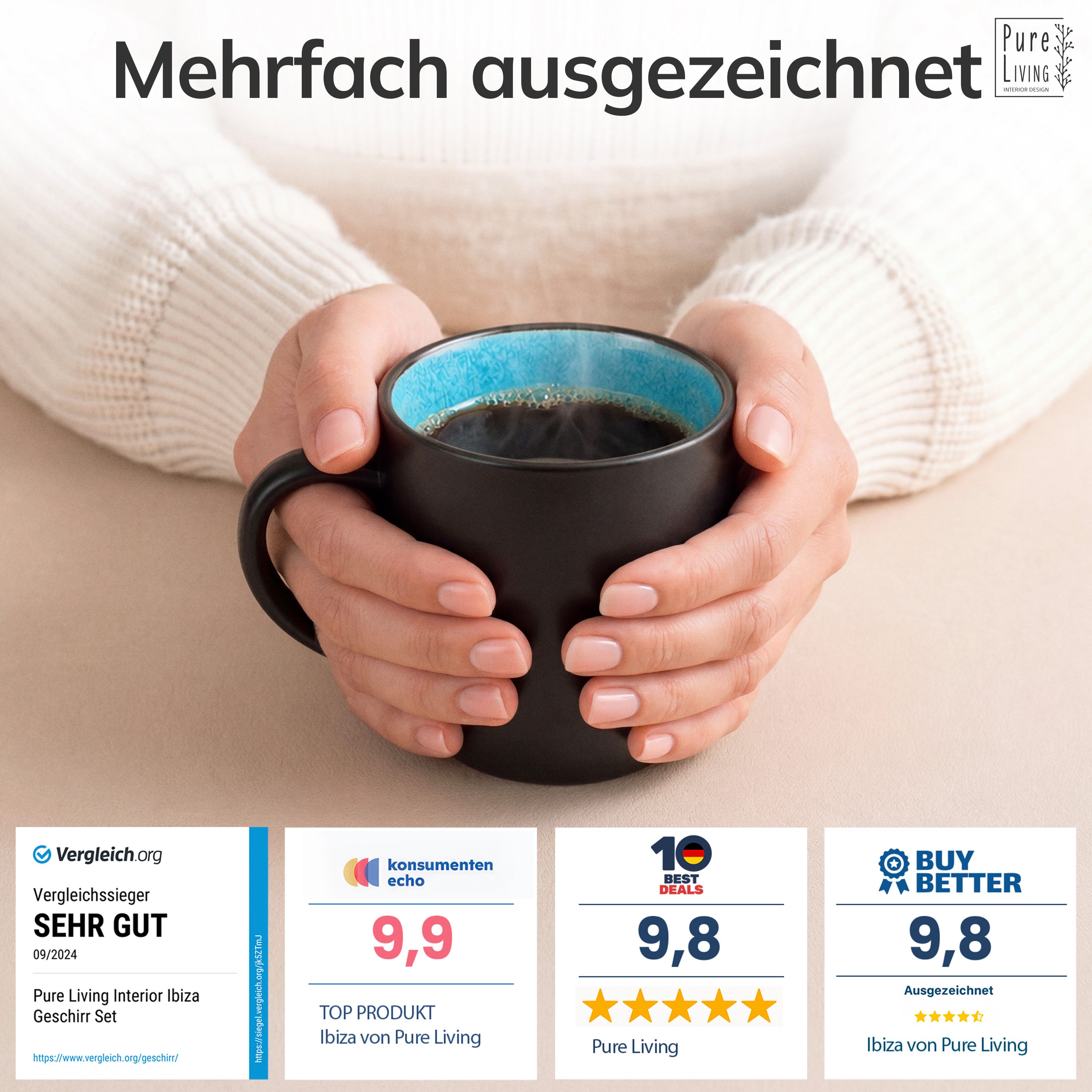 PURE LIVING INTERIOR DESIGN Geschirr-Set Ibiza Becher, 6er-Set, 350 ml, Aquamarin, Steingut (6-tlg), 6 Personen, Steingut – Bild 3 von 5