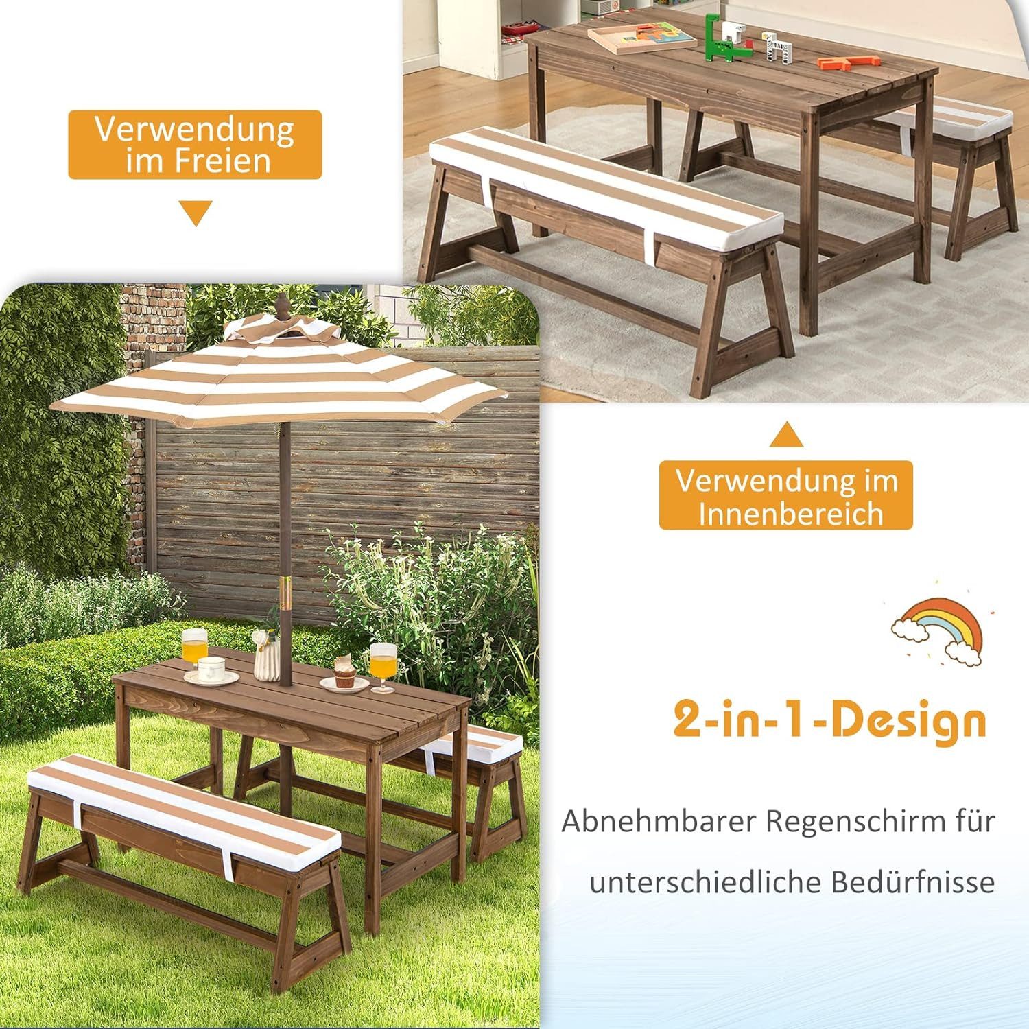 KOMFOTTEU Garten-Kindersitzgruppe Kindermöbelset, 3-Fach Höhenverstellbarer Sonnenschirm