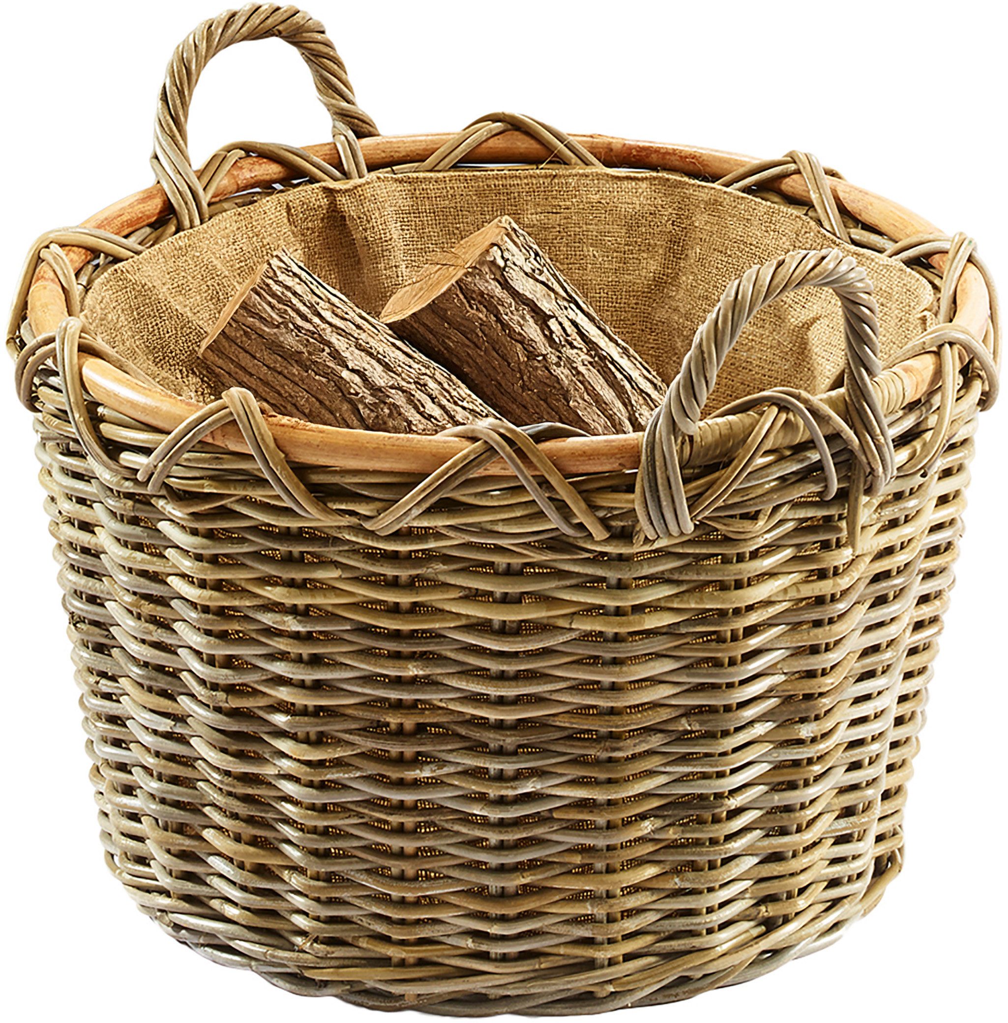 Kobolo Kaminholzkorb Holzkorb rund kubu grey aus Rattan mit Jute