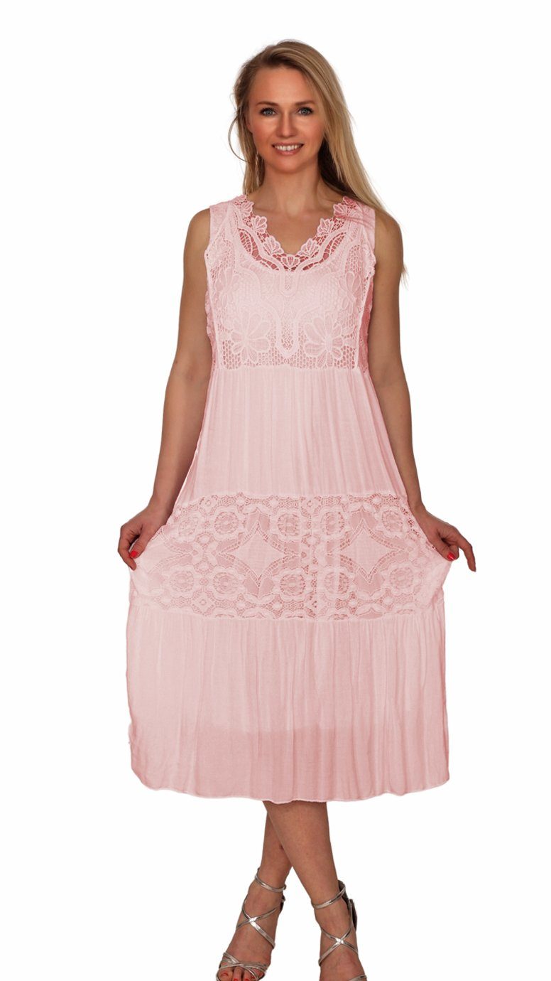 Charis Moda Sommerkleid Trägerkleid Midi mit Häkelspitzendetails Rosa