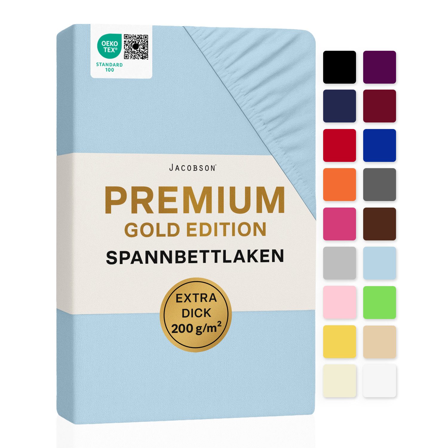 Jacobson Spannbettlaken PREMIUM 200 g/m² Jersey aus 97% Baumwolle & 3% Elasthan, Extra dichtes Bettlaken mit maximalem Halt