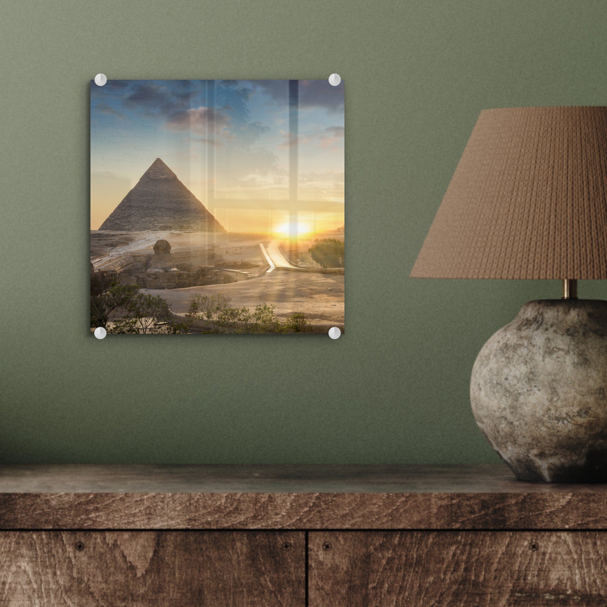 MuchoWow Acrylglasbild Sonnenuntergang neben der - Kairoer auf - Wanddekoration Foto Wandbild Pyramide - - Glasbilder (1 St), Glas Bilder Ägypten, auf Glas