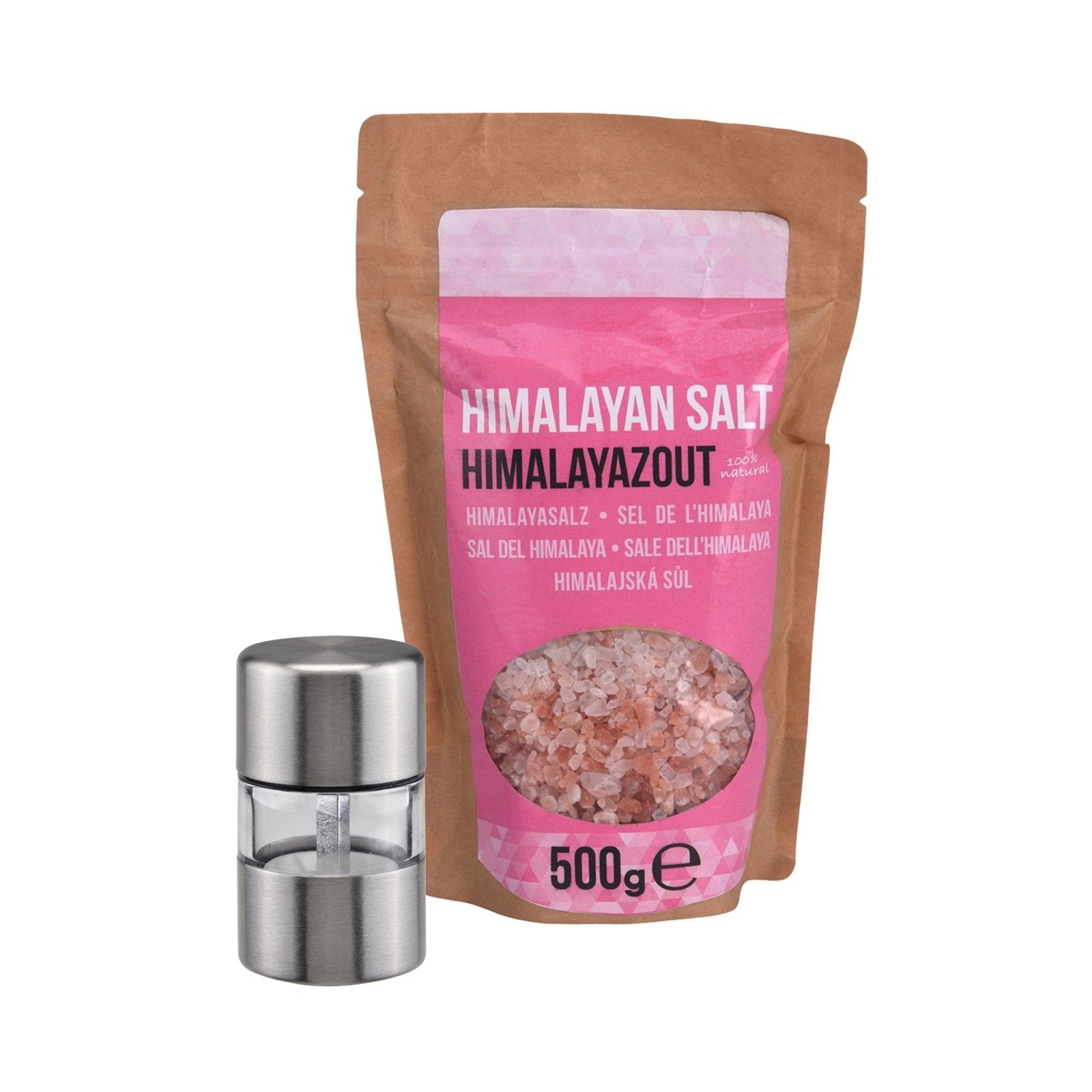 Neuetischkultur Salzmühle Salzmühle mini Edelstahl inkl. 500g Himalayasalz, (2 Stück), Pfeffermühle Gewürzmühle Kermaikmahlwerk