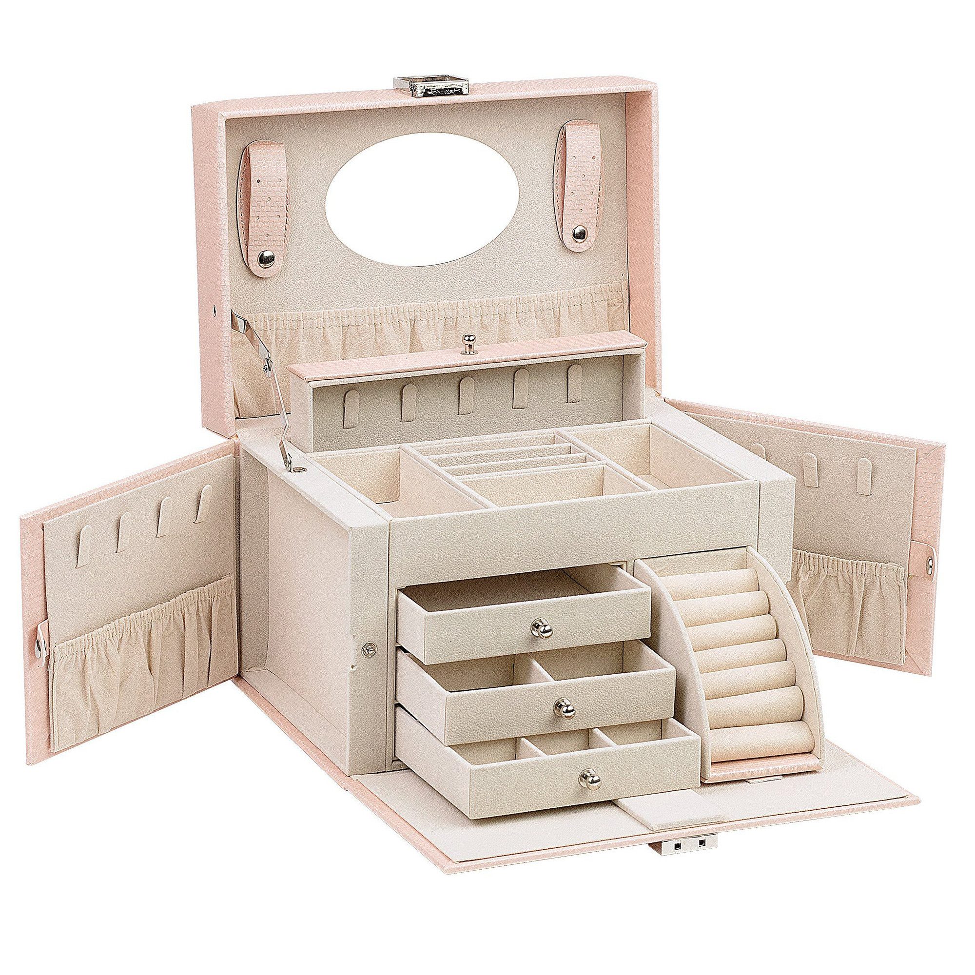 AdelDream Schmuckkasten Luxus-Schmuckkästchen, Schmuckkoffer, abschließbar, 4 Ebenen mit 3 Schubladen