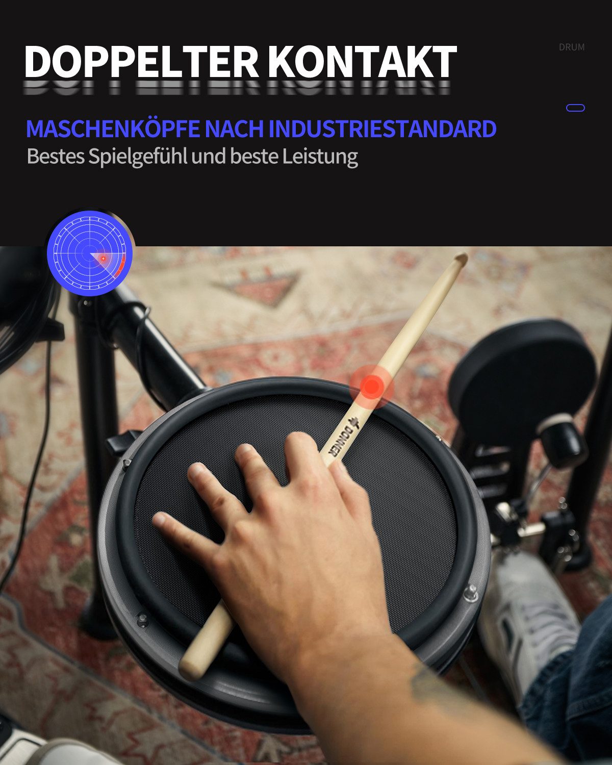 Donner E-Drum E-Schlagzeug 450 Sounds mit Thron Pedale Kopfhörer Unterricht DED-200,Set, Trommelhocker/Drumsticks/Kopfhörer/Audiokabel, 5 Trommeln und 4 Becken