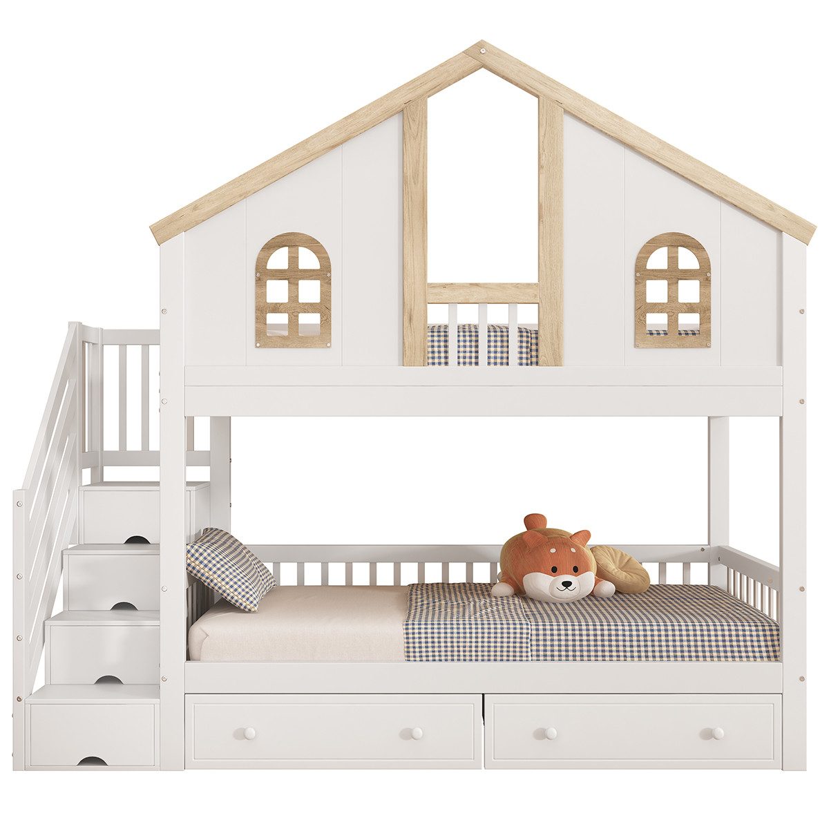 Kinderbett Etagenbett mit Farblich Abgesetztem Fallschutzgitter Fenster