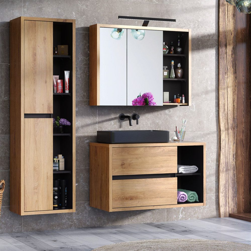 Lomadox vanity unit DANZIG-56, base cabinet 100 cm Shetland Oak finish with graphite grey, : 100/60/46 cm