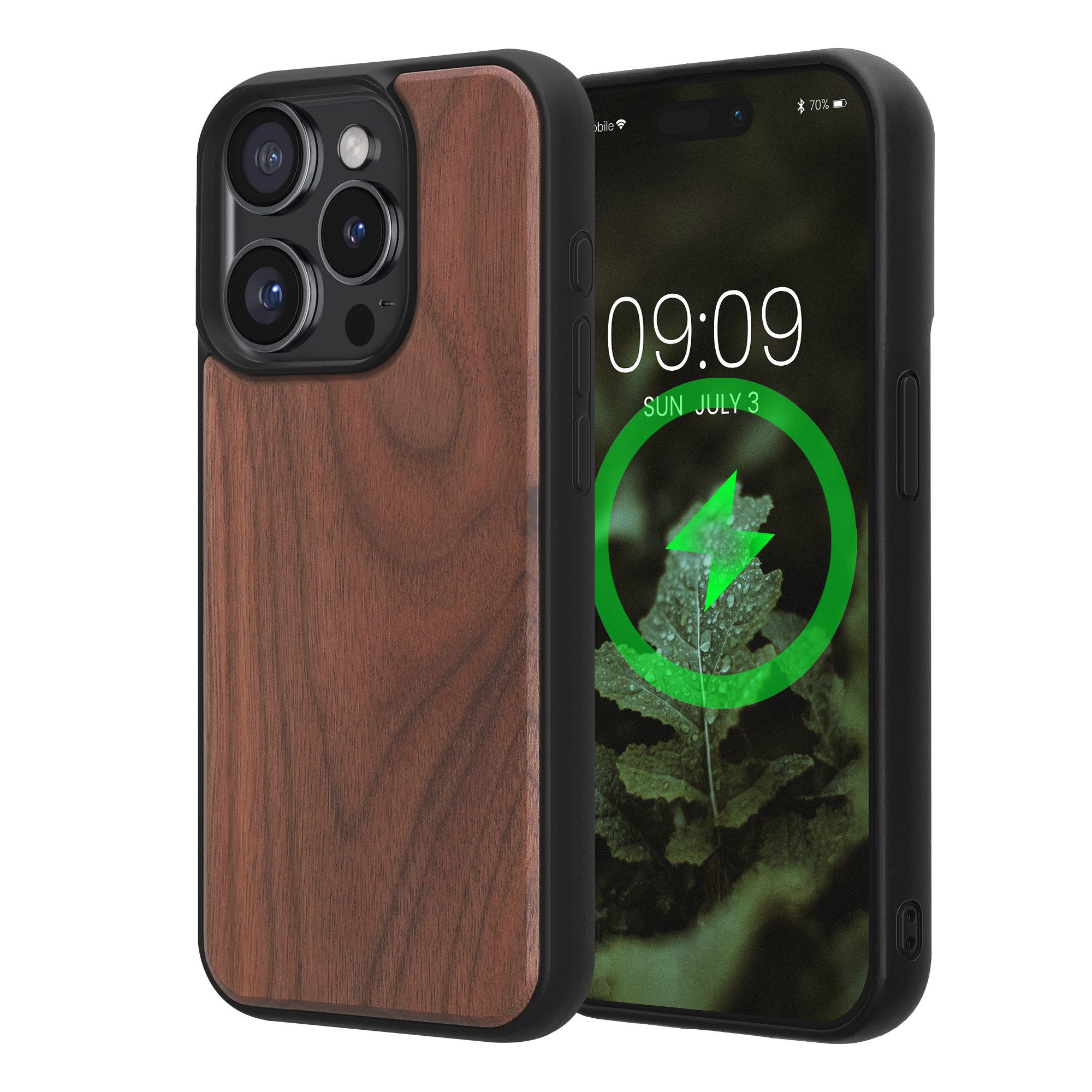 kwmobile Smartphone-Hülle Echtholz Schutzhülle für Apple iPhone 15 Pro Hülle, Cover aus Holz und TPU - Kompatibel mit MagSafe - Walnussholz