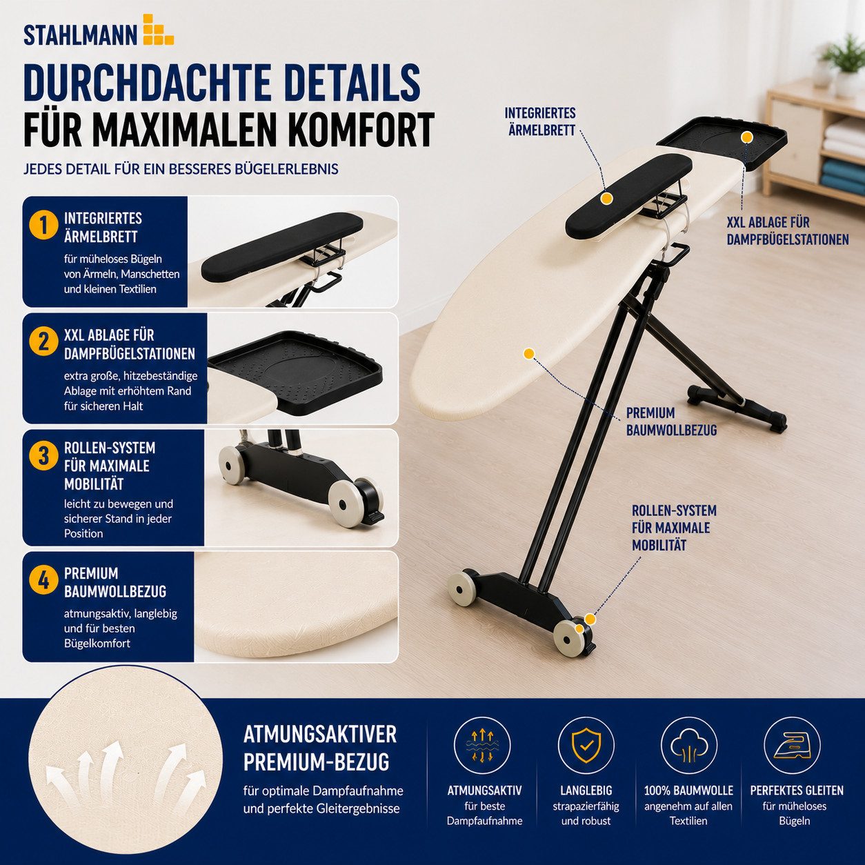 STAHLMANN COMMERCE GmbH Bügelbrett Excellence Lux [132 × 46 cm], Made in EU, Ärmelbrett, Dampfstation, Bügelfläche 132x46 cm, Made in EU · Ärmelbrett · Ablage für Dampfstation
