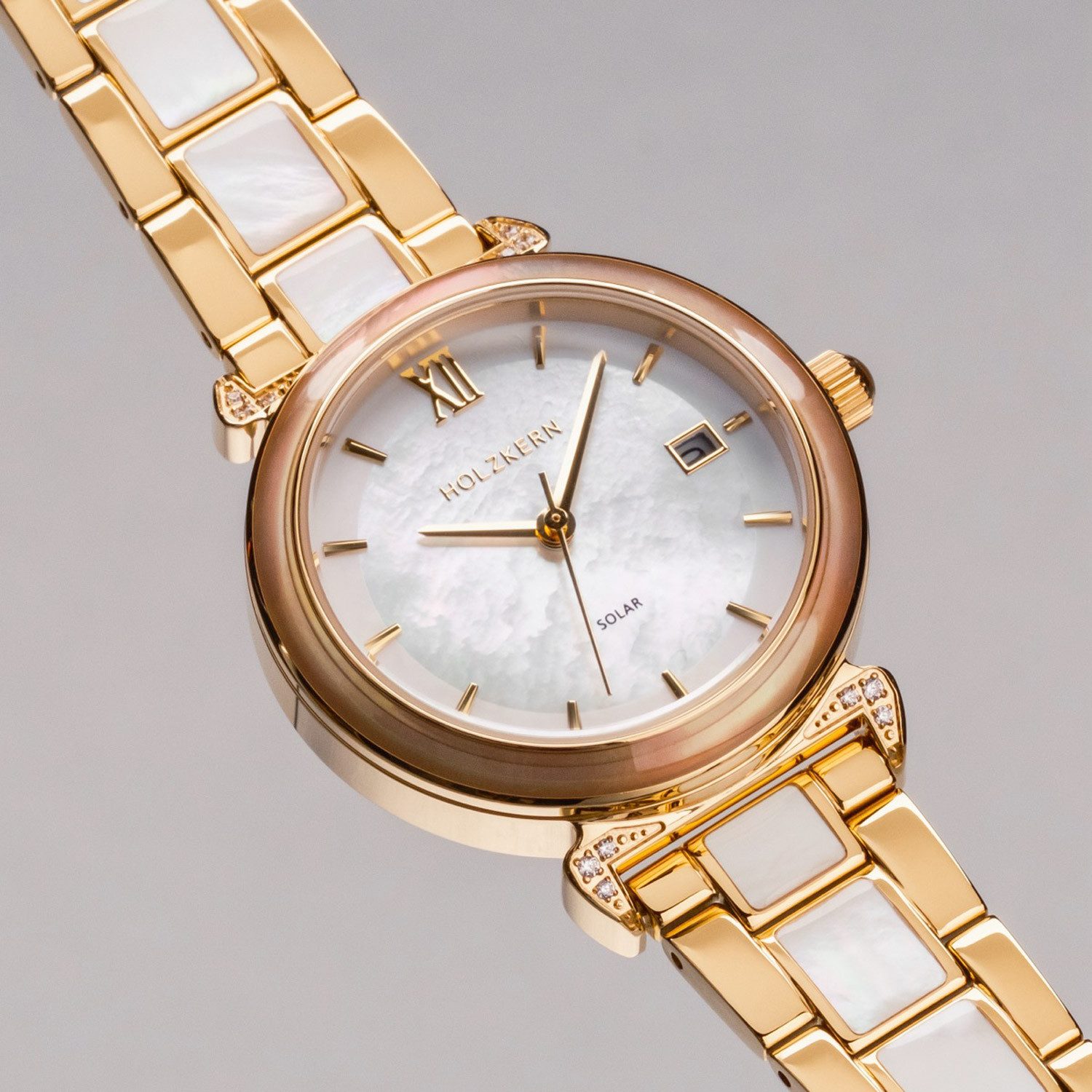 Holzkern Solaruhr Damen-Sunglister Weißes Perlmutt/Goldfarben