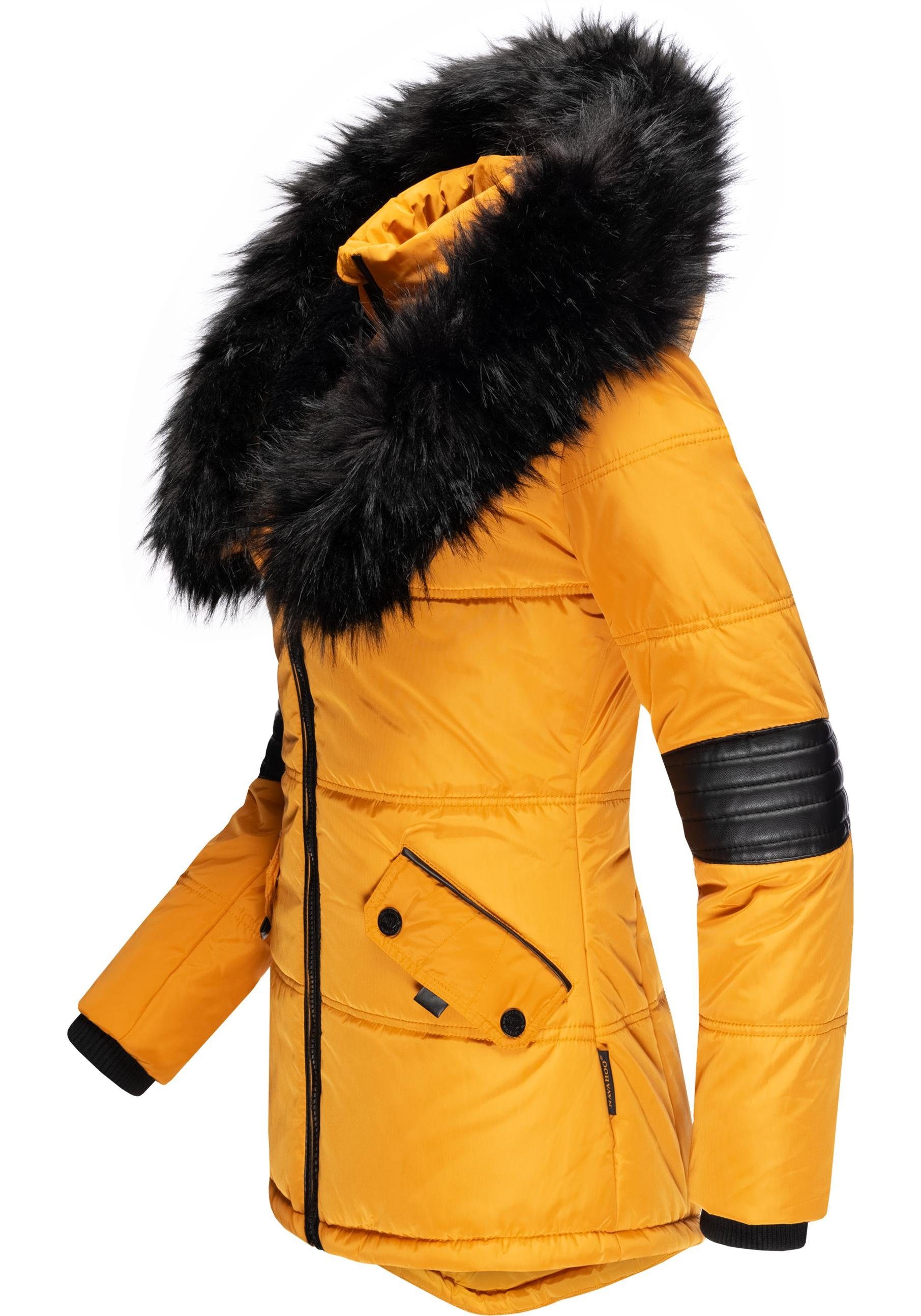 edle schwarzem sonnengelb Navahoo Kunstpelzkragen Winterjacke Steppjacke m. Nirvana