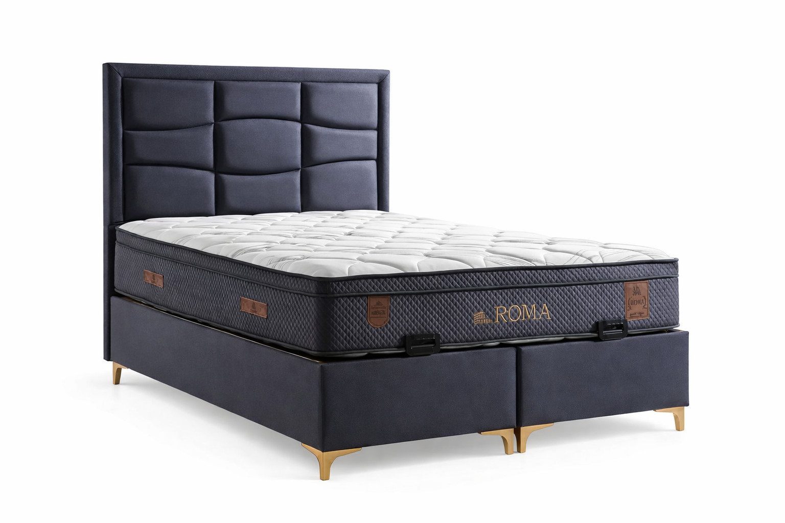 JVmoebel Boxspringbett Bett mit Matratze Moderner Stil Blau Stoffbezug Bett mit Stauraum