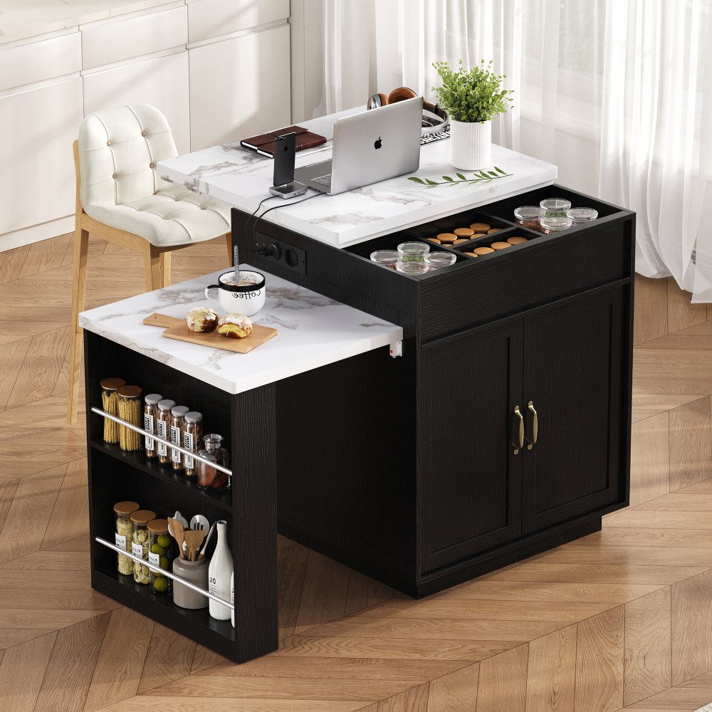 BBWL Kücheninsel mit Rollen Ausziehbarer Esstisch mit LED-Beleuchtung, Steckdosen, Kücheninsel, Sideboard und Bartisch – Bild 4 von 5