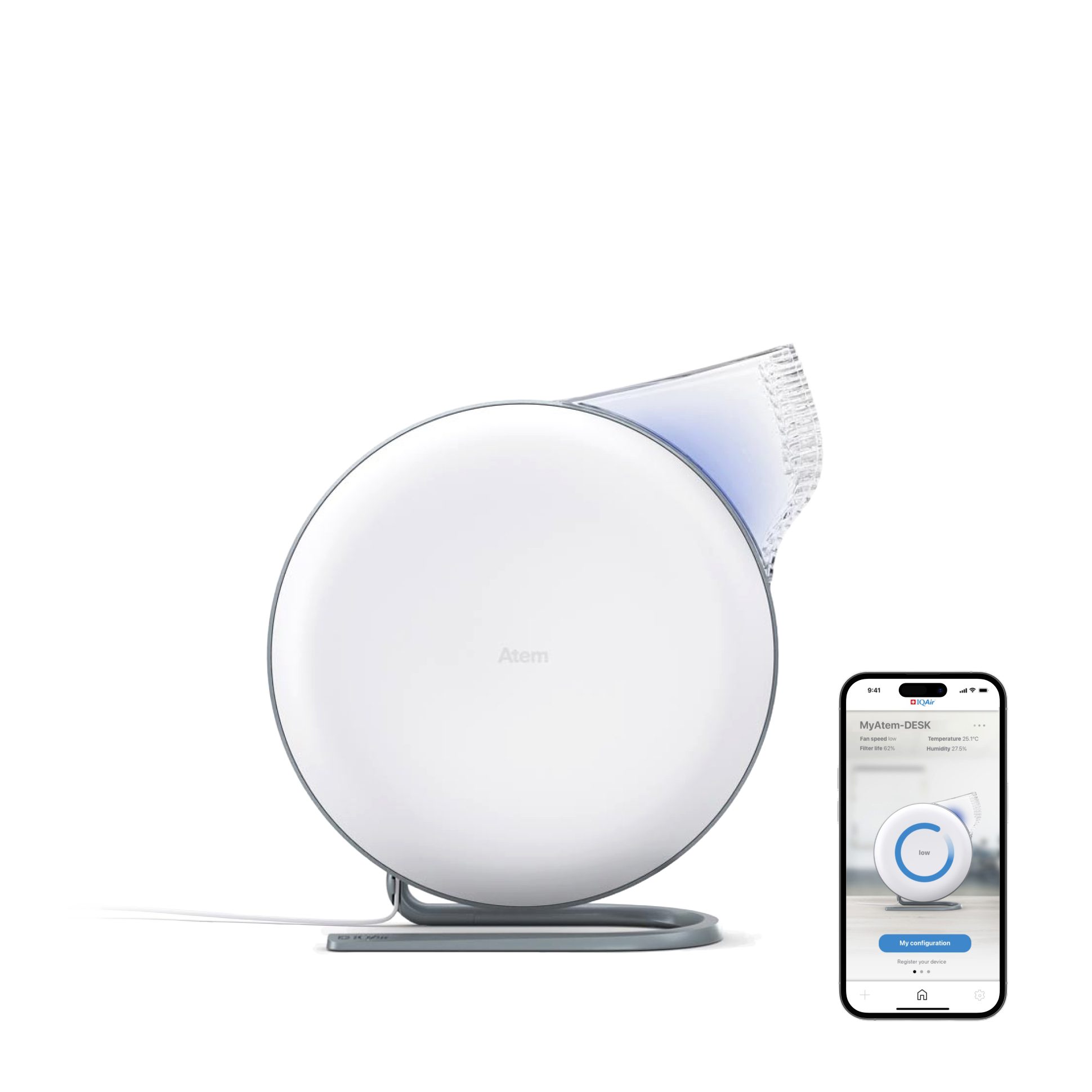 IQAir Luftreiniger Atem Desk [White], für 14 m² Räume, PM2.5 HyperHEPA Feinstaub Filter, kleine Räume bis 14 m²