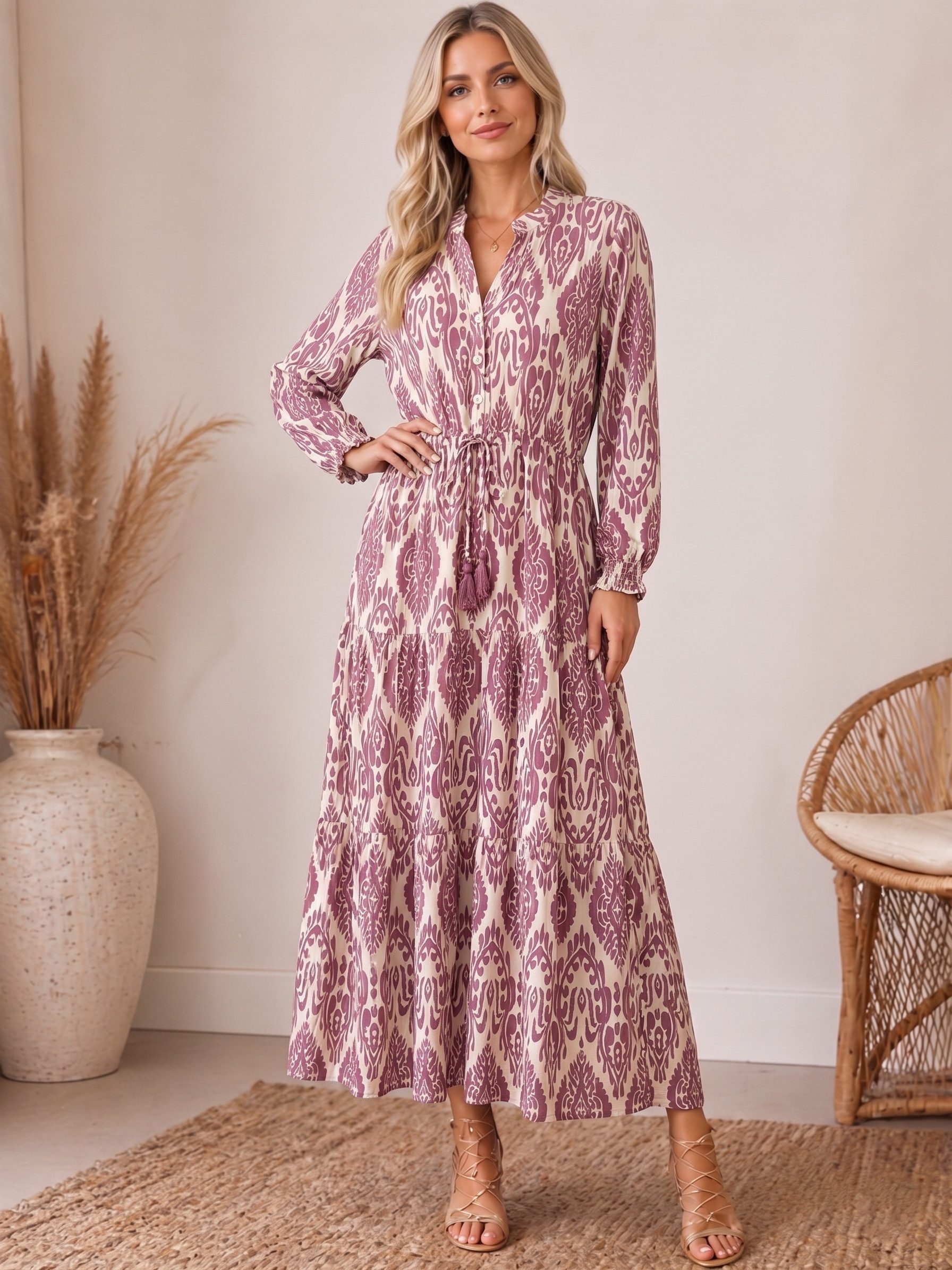Kendindza Collection Maxikleid Sommerkleid Damen Lang Viskose Elegantes Sommer Kleid lang Maxi Kleid Ikat-Print Knopfleiste & Schnurbund, Luftig Leicht