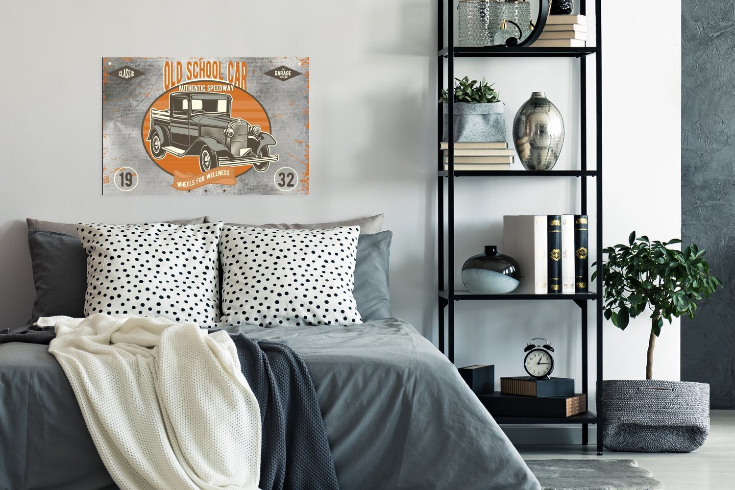 - Auto - Wohnzimmer, Wandposter für Ohne Poster - St), (1 Poster, MuchoWow Grau - Orange Rahmen Wandbild, Vintage, Mancave