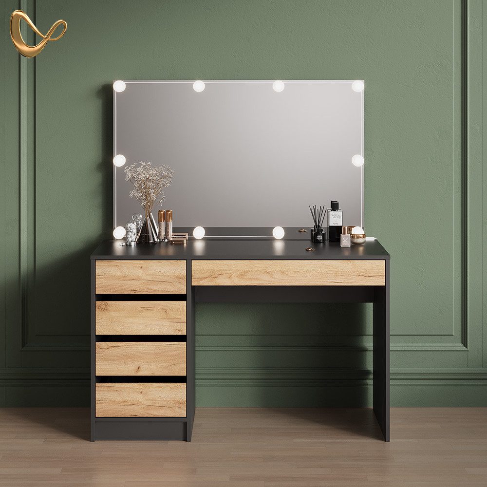 Livinity® Schminktisch Imola, Anthrazit/Goldkraft Eiche, 120 cm mit LED Bel günstig online kaufen