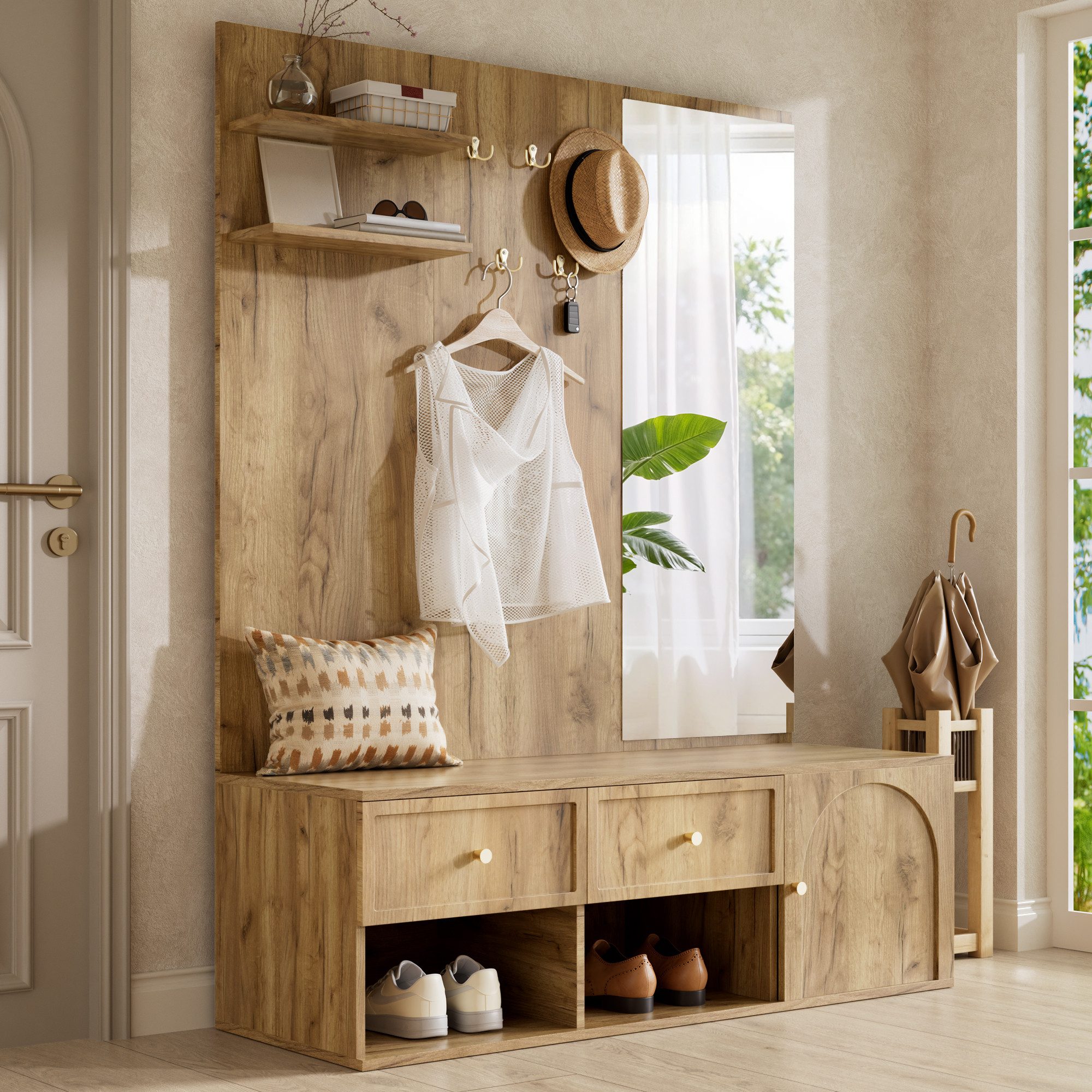 i@home Wandgarderobe Garderobenset für den Flur, Wandgarderobe mit Schublade, inklusive Spiegel und Schuhbank, Holzoptik, 120 × 35 × 159 cm