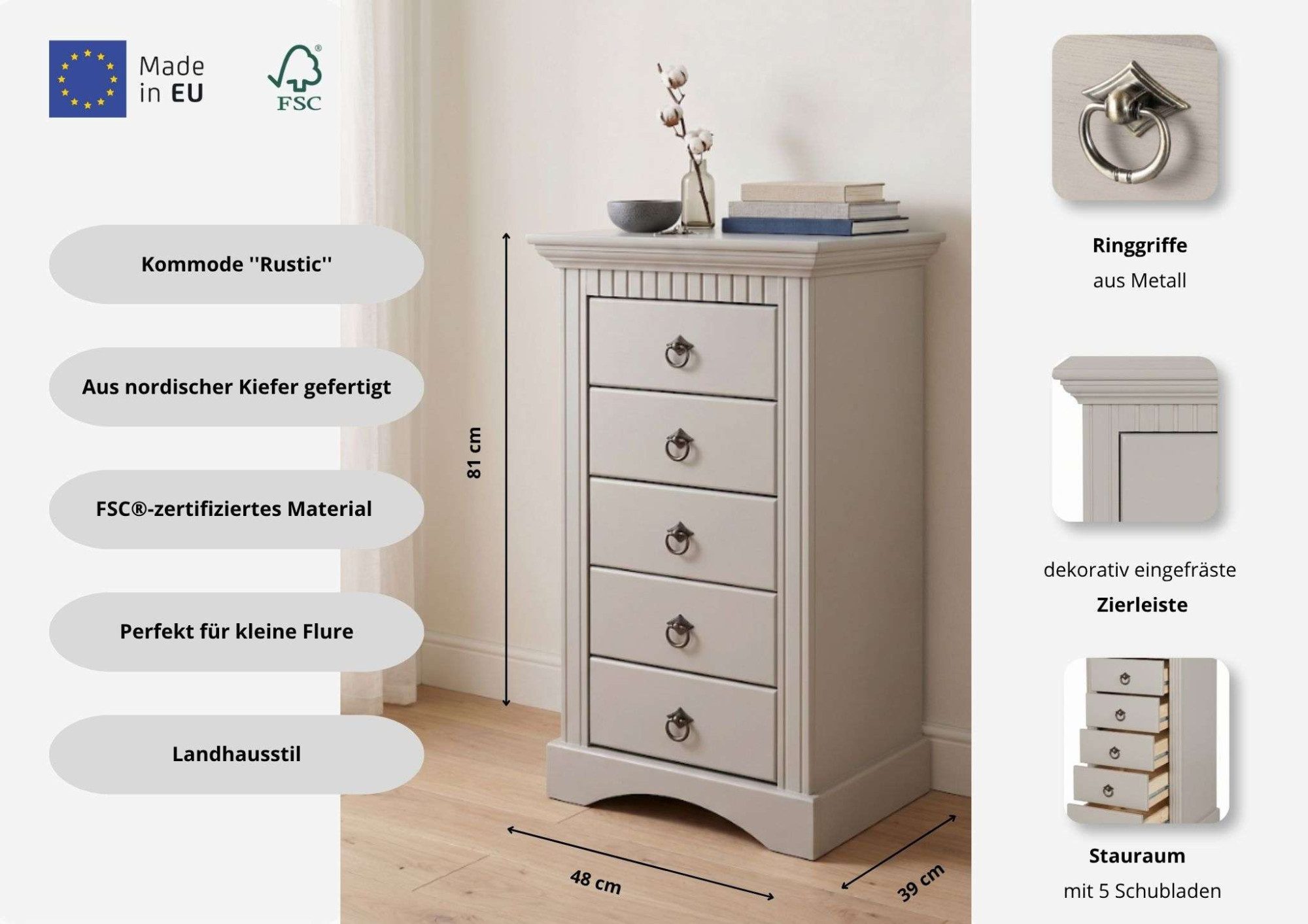 OTTO home Kommode Rustic, Breite 48cm, aus massiver Kiefer, 5 Schubladen, FSC®-zertifiziert
