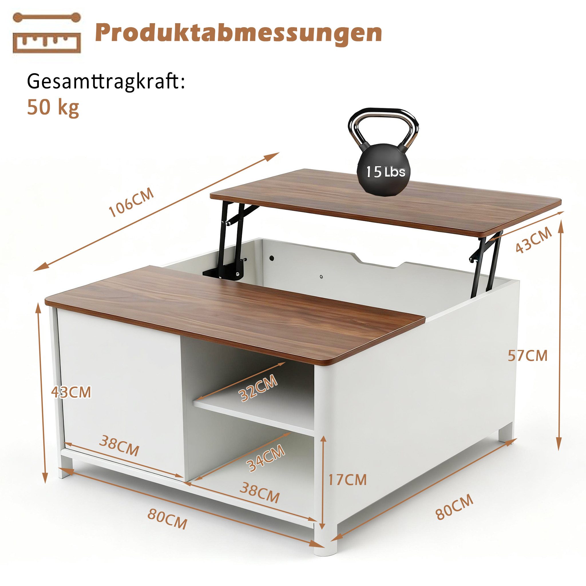 Puluomis Couchtisch Arbeitstisch mit Lift-Mechanismus, Esstisch 80cm – Bild 5 von 5