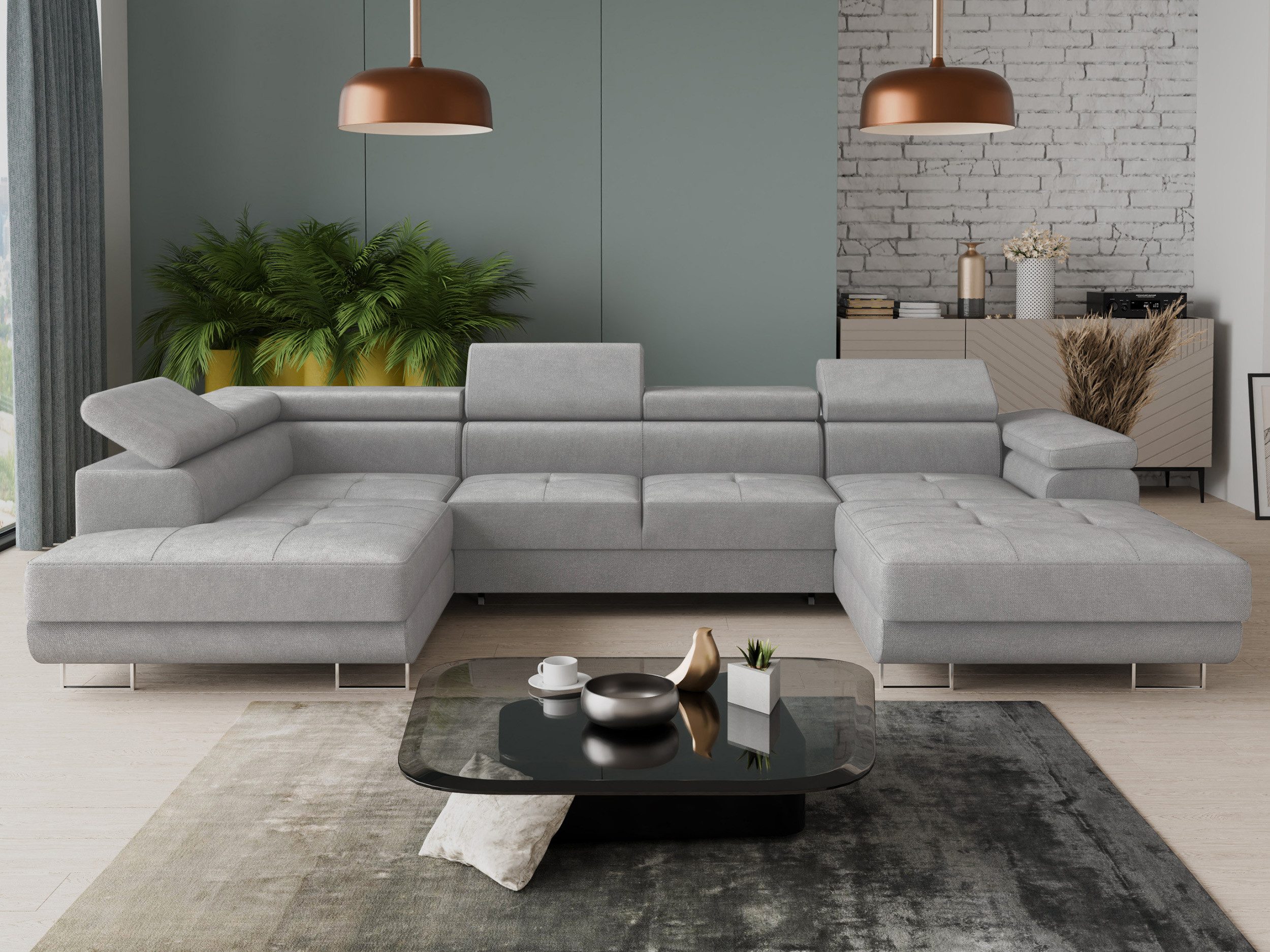 Sofnet Wohnlandschaft Caris U, mit Schlaffunktion und zwei Bettkästen, Ecksofa mit einstellbare Kopfstützen, Schlafsofa, U-form Couch