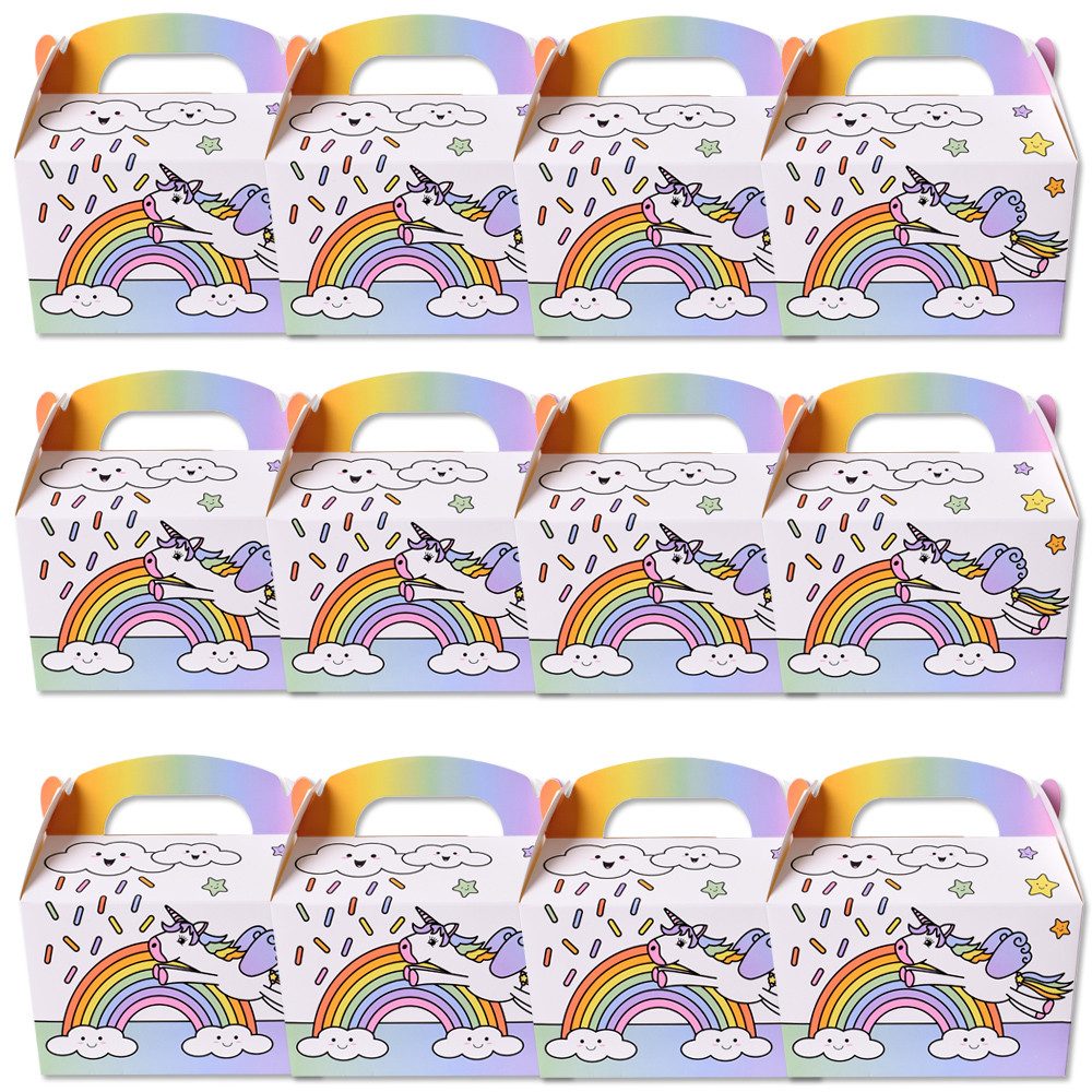 TE-Trend Faltbox 12 Stück Box Kinder Einhorn Geschenkbox Regenbogen Mädchen (12 St), mit Henkel und Motiv