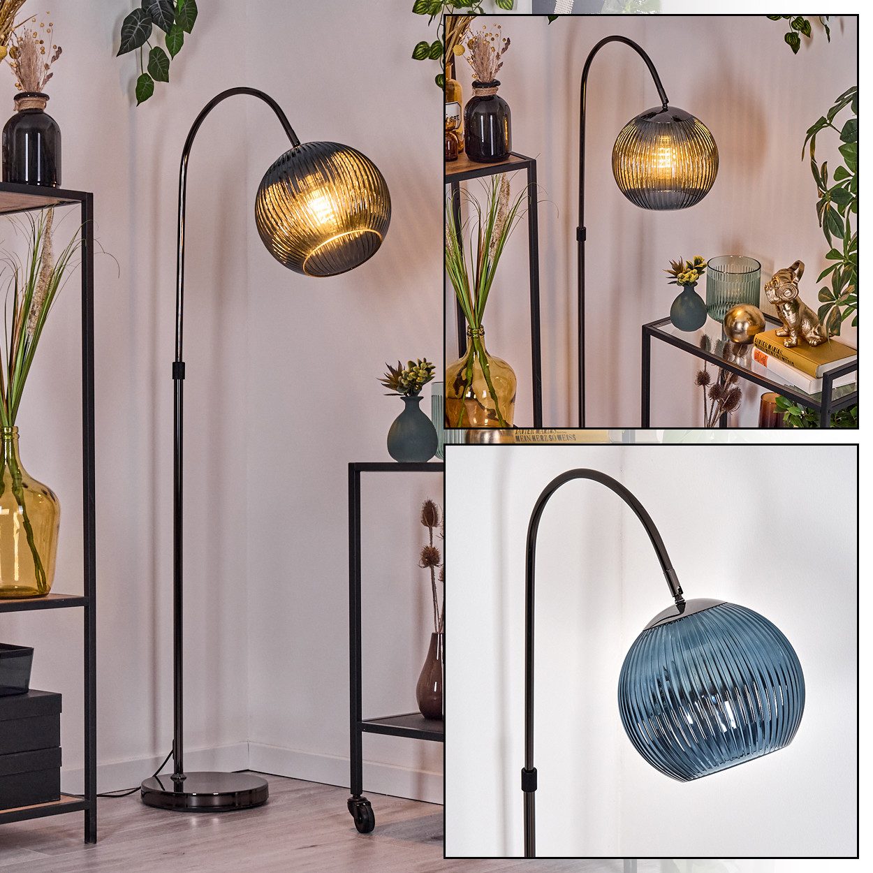 Stehlampe Stehlampe aus Metall/Riffelglas in Schwarz/Chrom/Blau im Retro-Design