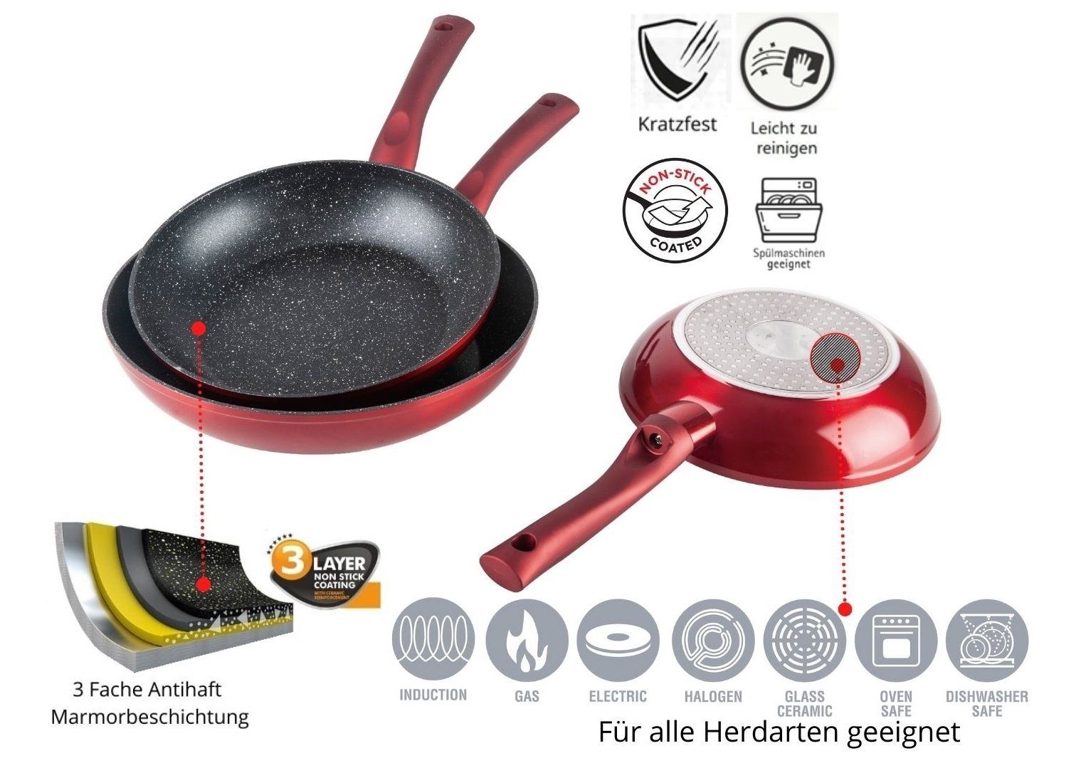 Cheffinger Pfannen-Set Bratpfanne Pfannen Set 3-tlg beschichtet Induktion  Cheffinger rot, Aluminium