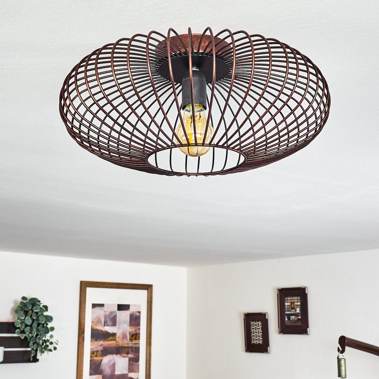 hofstein Deckenleuchte »Pieris« Deckenlampe aus Metall in Schwarz/Kupfer, ohne Leuchtmittel, 1xE27, Leuchte im Retro/Vintage Design m. Gitter u. Lichteffekt