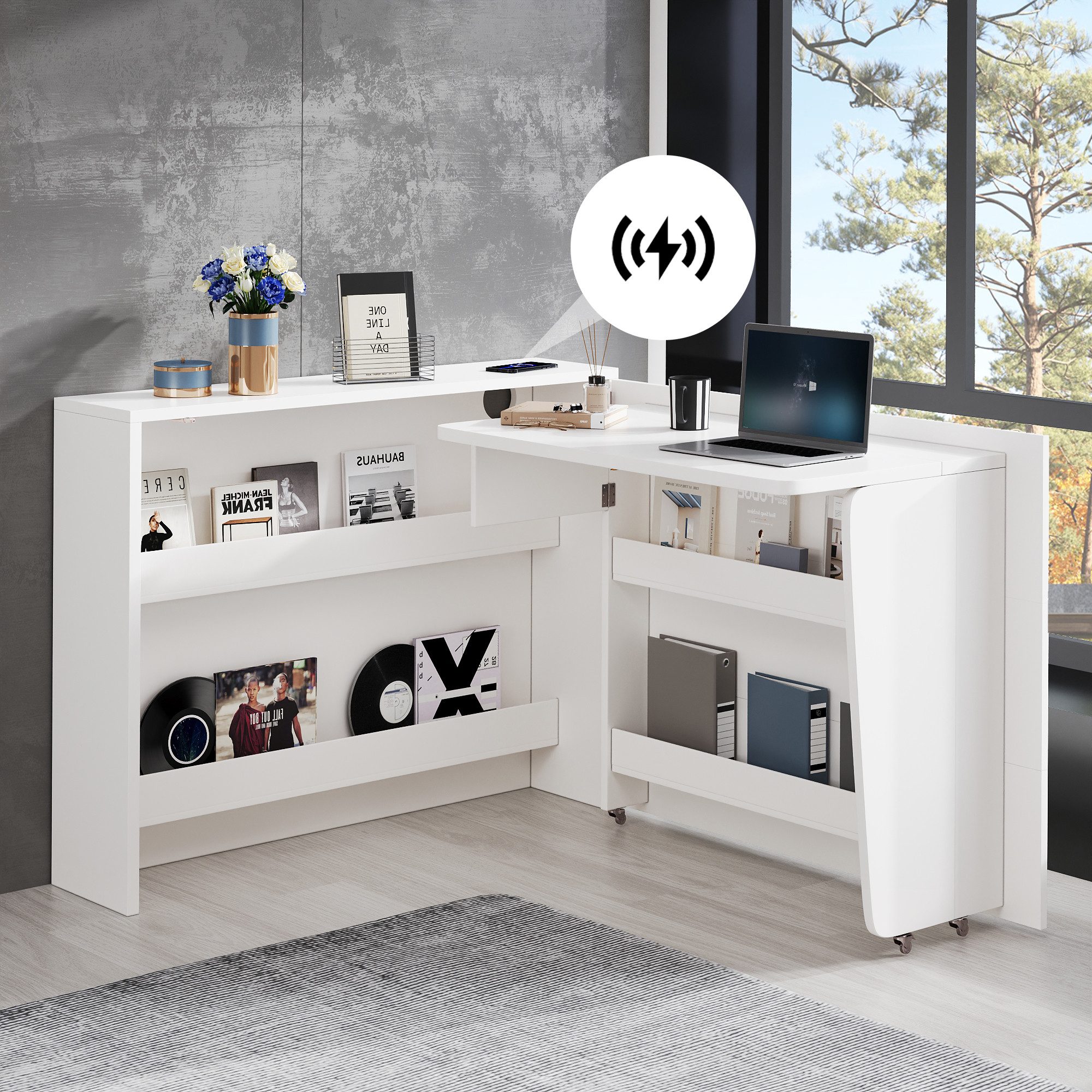 OKWISH Eckschreibtisch 2-in-1 Sideboard und Arbeitsplatz (Faltbarer Computertisch, Bremse-Schreibtisch, 1-St., 115×27×93 cm + 95×51 cm Tischfläche), mit Rollen, Kabelloses Ladegerät, Anti-Kipp-Sicherung