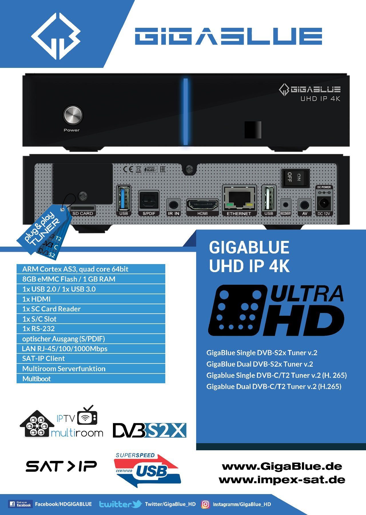 DVB-S2x UHD Ultra Receiver, 4K 1x Satellitenreceiver Multiroom IP GigaBlue IPTV IPBOX E2 Gigablue