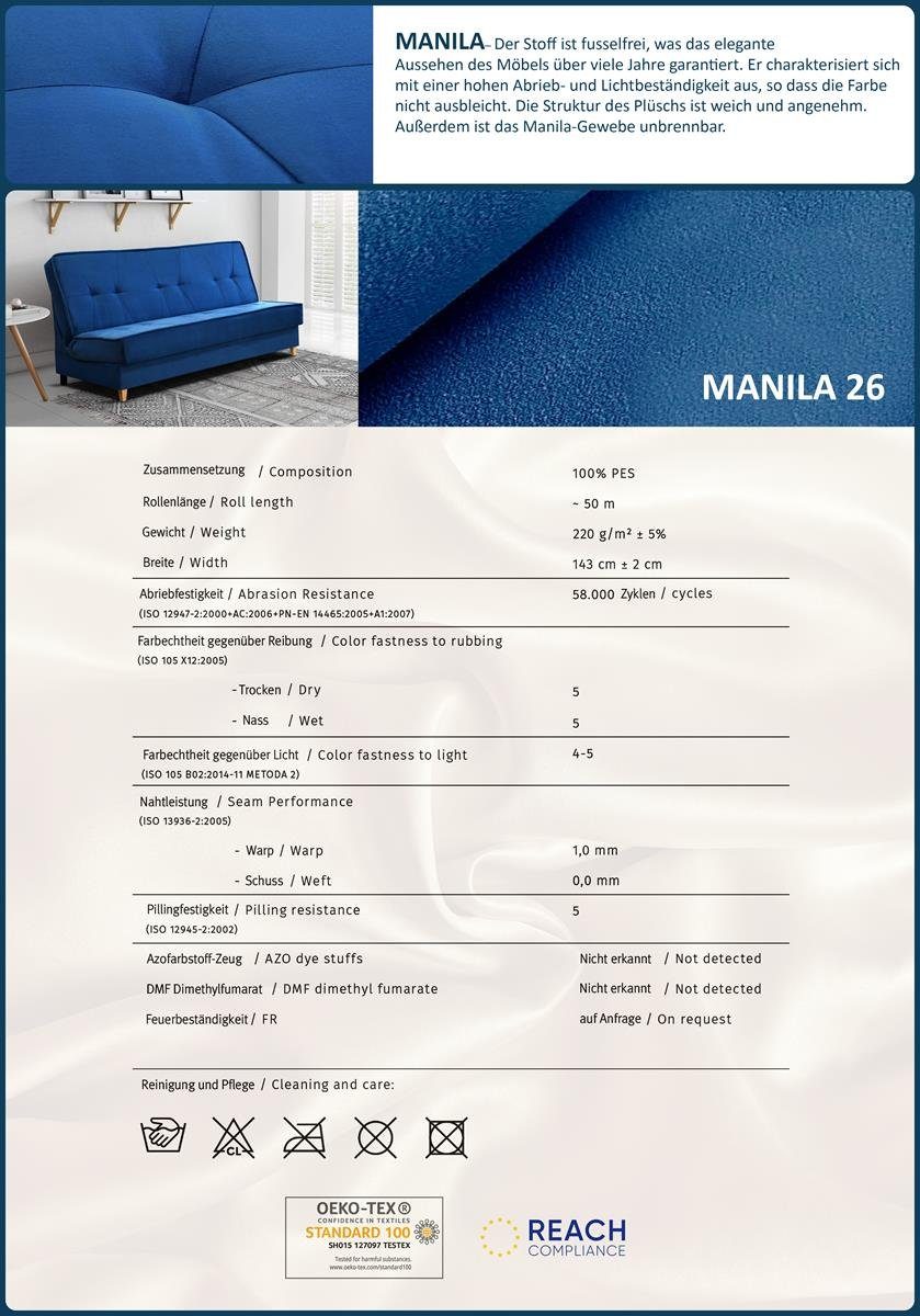 Polstersofa, inklusive mit Klick-Klack Sofa Schlafsofa Velourstoff, Beautysofa 26) Bettfunktion, Blau aus (manila Riva,