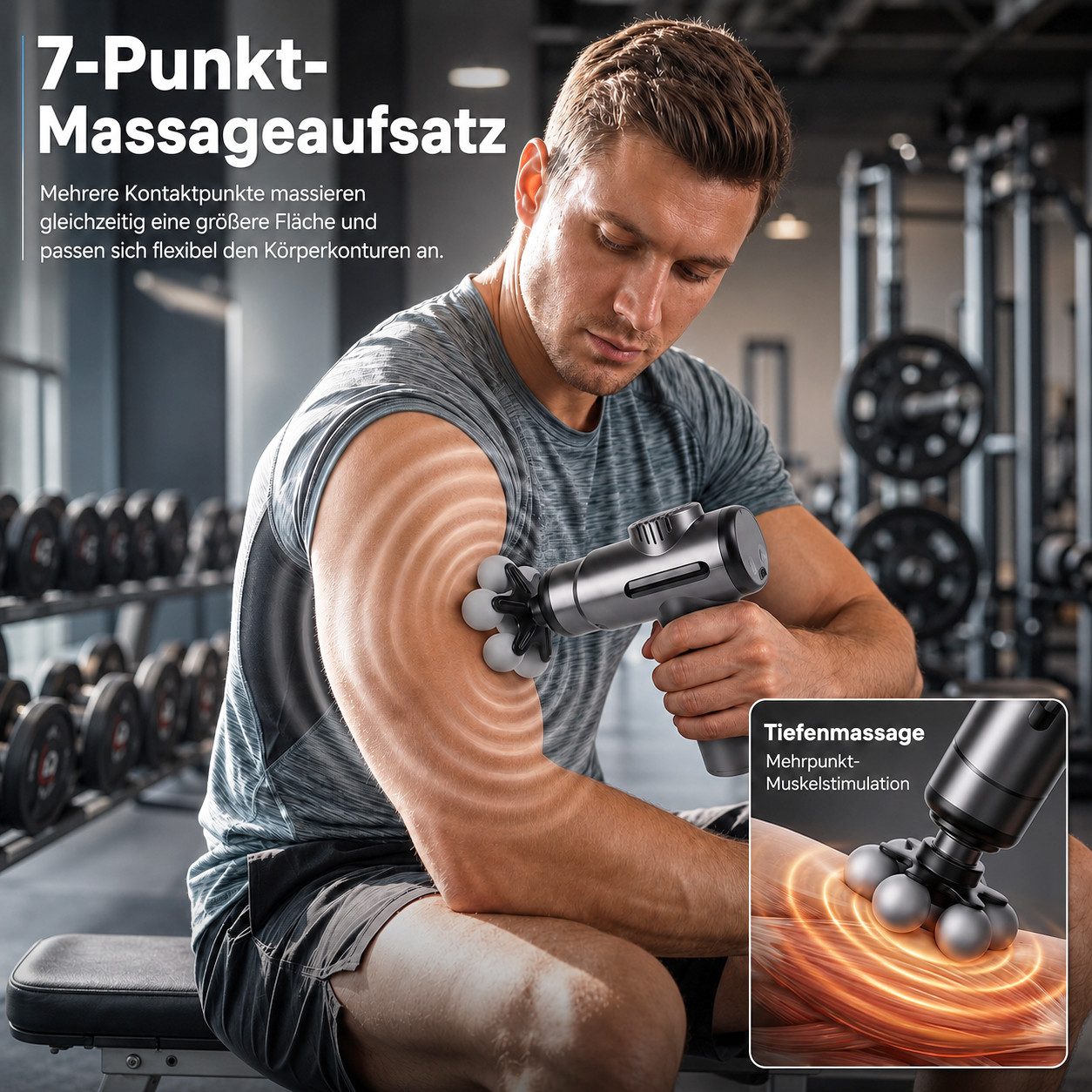 Futicare Massagegerät Massagepistole Massage-Gun mit 7-Punkt-Kopf, 99 Intensitätsstufen und 7 Aufsätzen 7-tlg., kompakt und tragbar, für Nacken, Schultern, Rücken und Körper, mit schwarzem Koffer